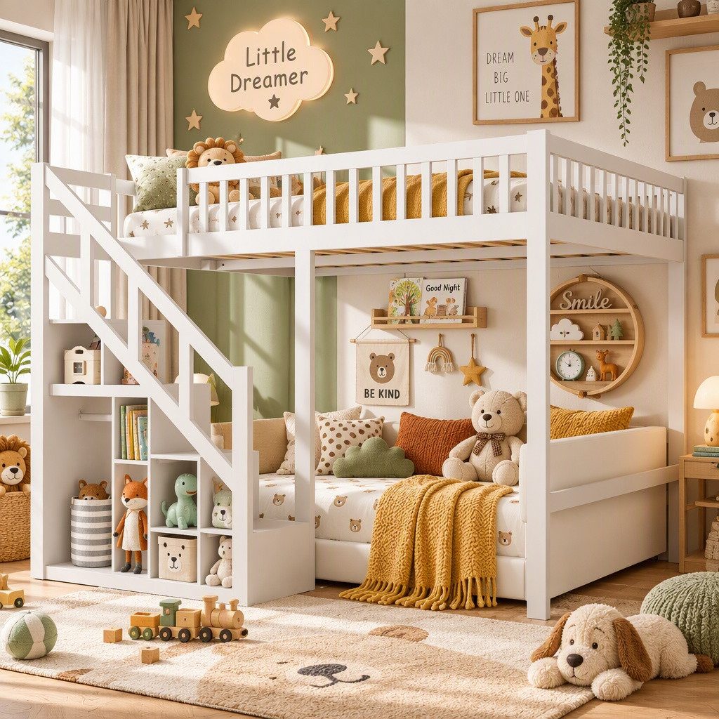 Furnishings Home Etagenbett Kinderbett Hochbett Stauraumbett (Rausfallschutz, geeignet für Jugendliche und Kinder), Holzbett 140x200 cm Mit Treppe, Absturzsicherung, Erholungsgebiet