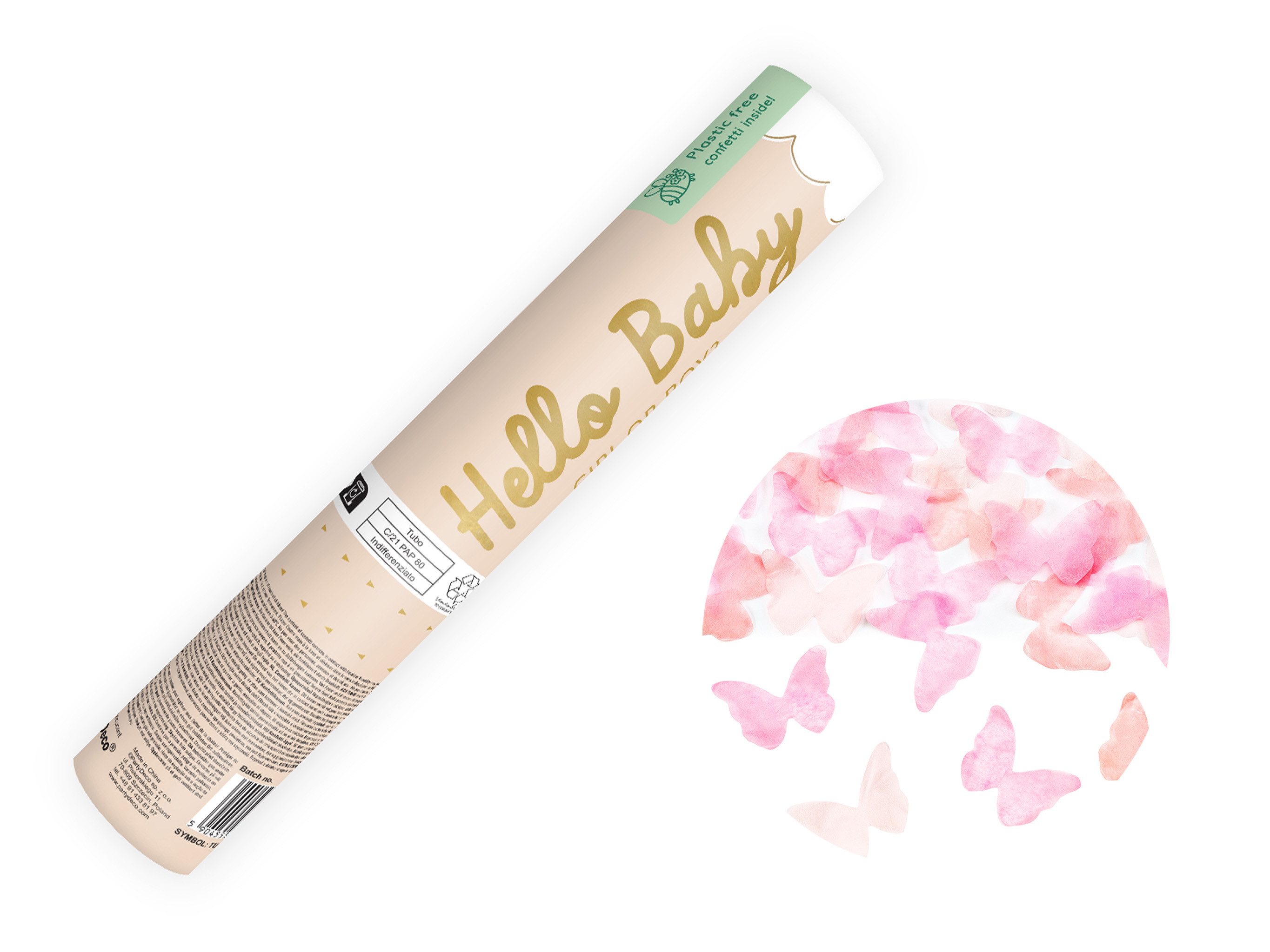 partydeco Konfetti, Konfettikanone Babygeschlecht Mädchen Schmetterlingskonfetti 20cm Rosa