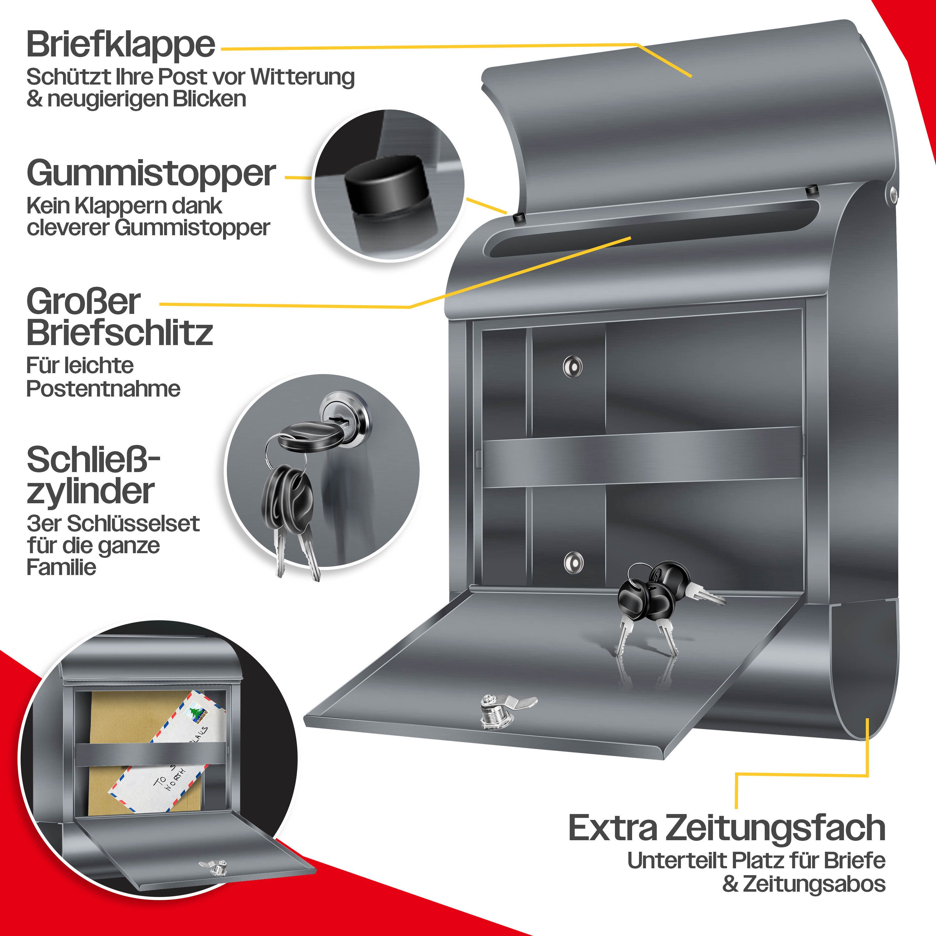 KESSER Briefkasten XXL Wandbriefkasten aus Edelstahl mit Zeitungsfach & 3 Schlüssel, Wandmontage, abschließbar, inkl. Montagematerial