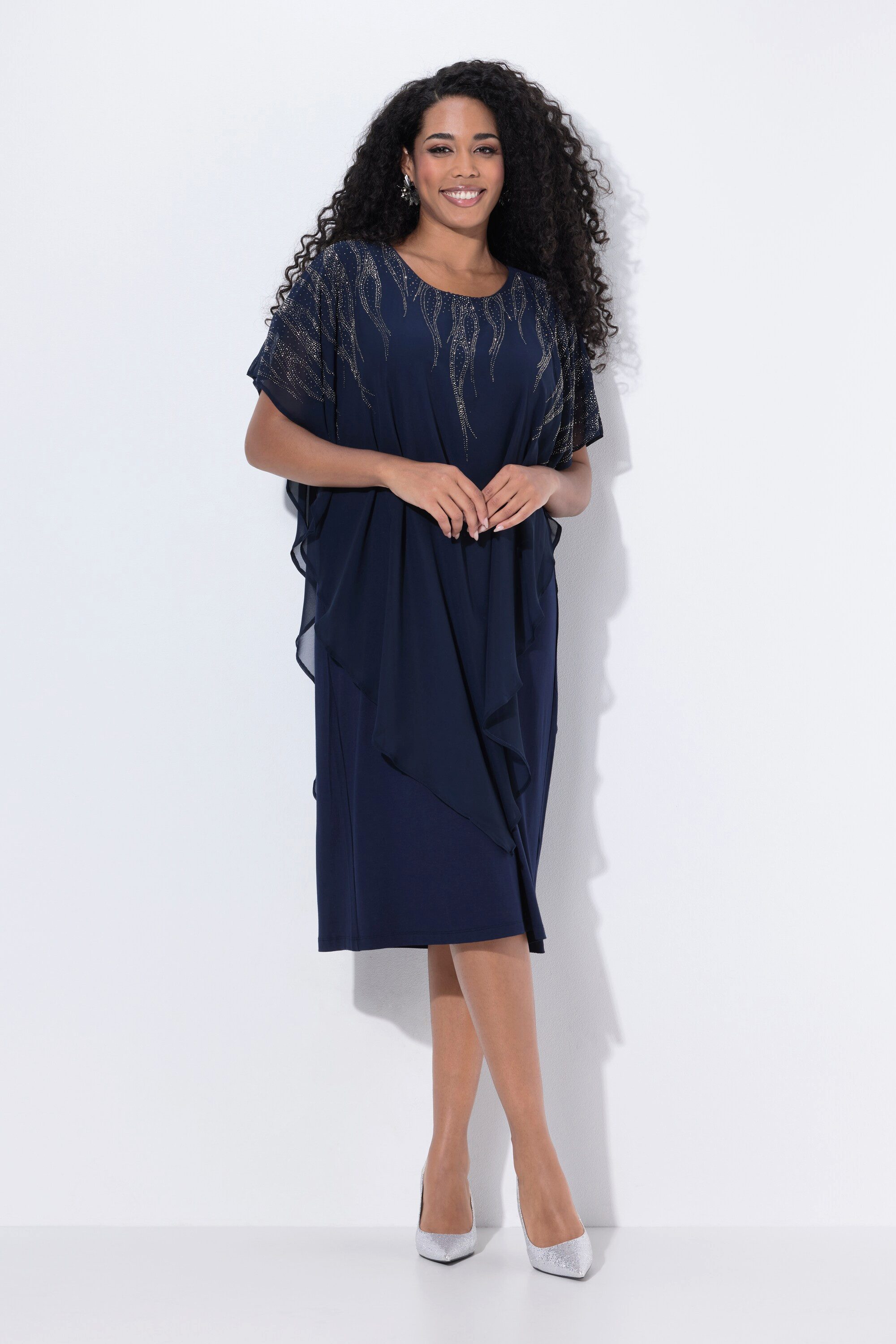 Ulla Popken Cocktailkleid Chiffon-Midikleid doppellagig Rundhals günstig online kaufen