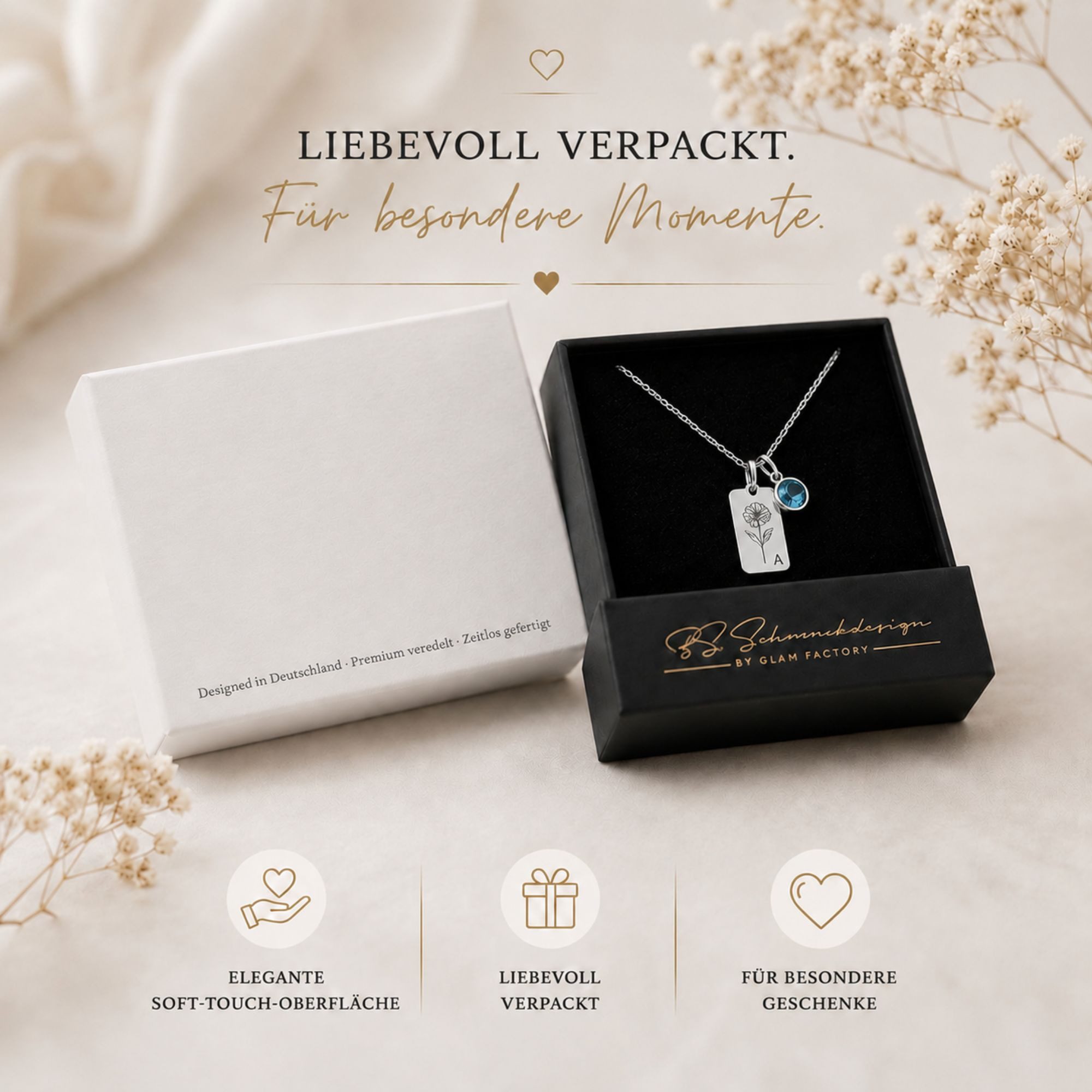 BS Schmuckdesign Kette mit Anhänger mit Gravur Personalisierte Halskette Damen mit Gravur Monatsblume Initiale (inkl. Geburtsstein), inkl. Geschenkbox – Bild 5 von 5