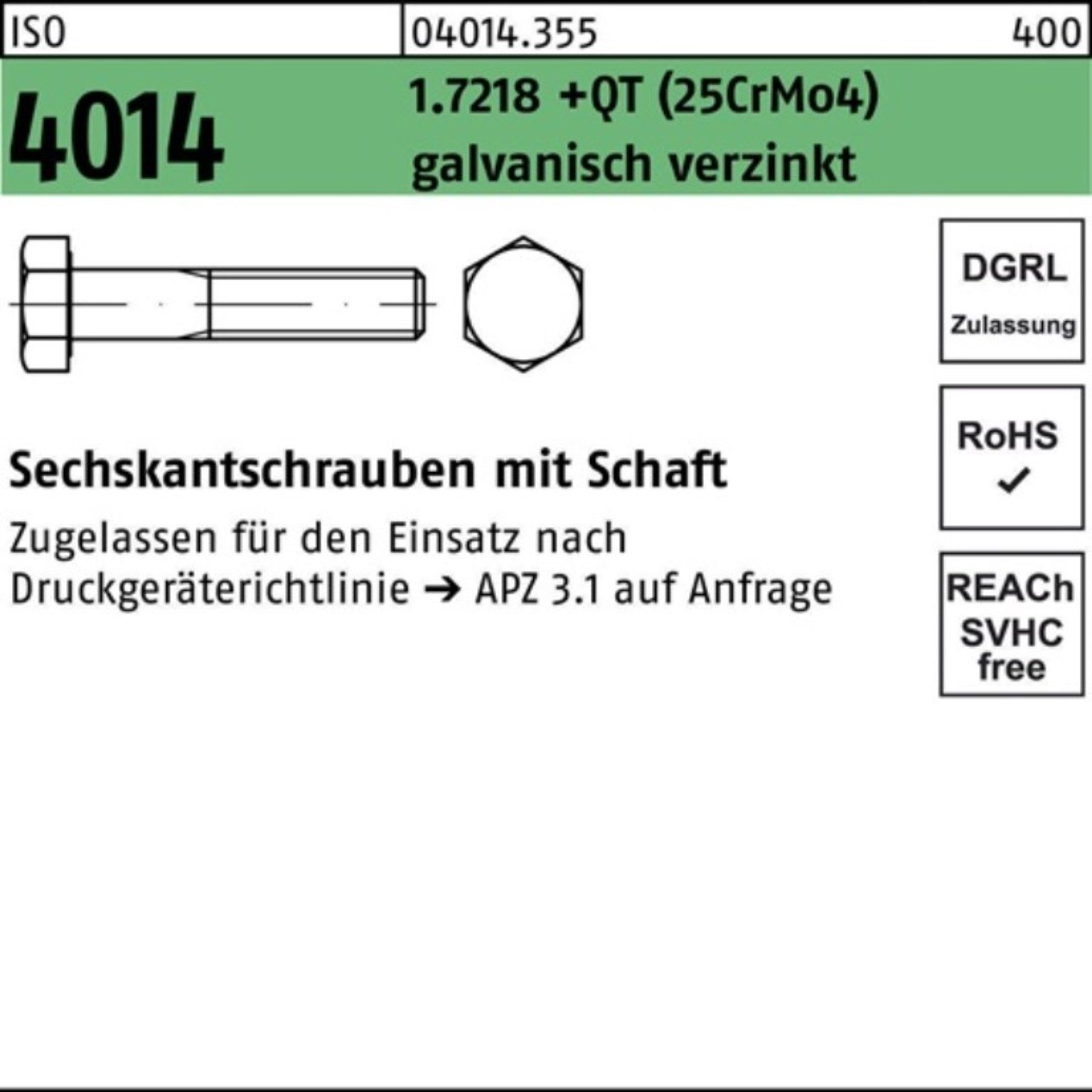 M20x200 1.7218 Sechskantschraube Sechskantschraube (25CrM +QT Pack 100er Schaft ISO 4014 Bufab