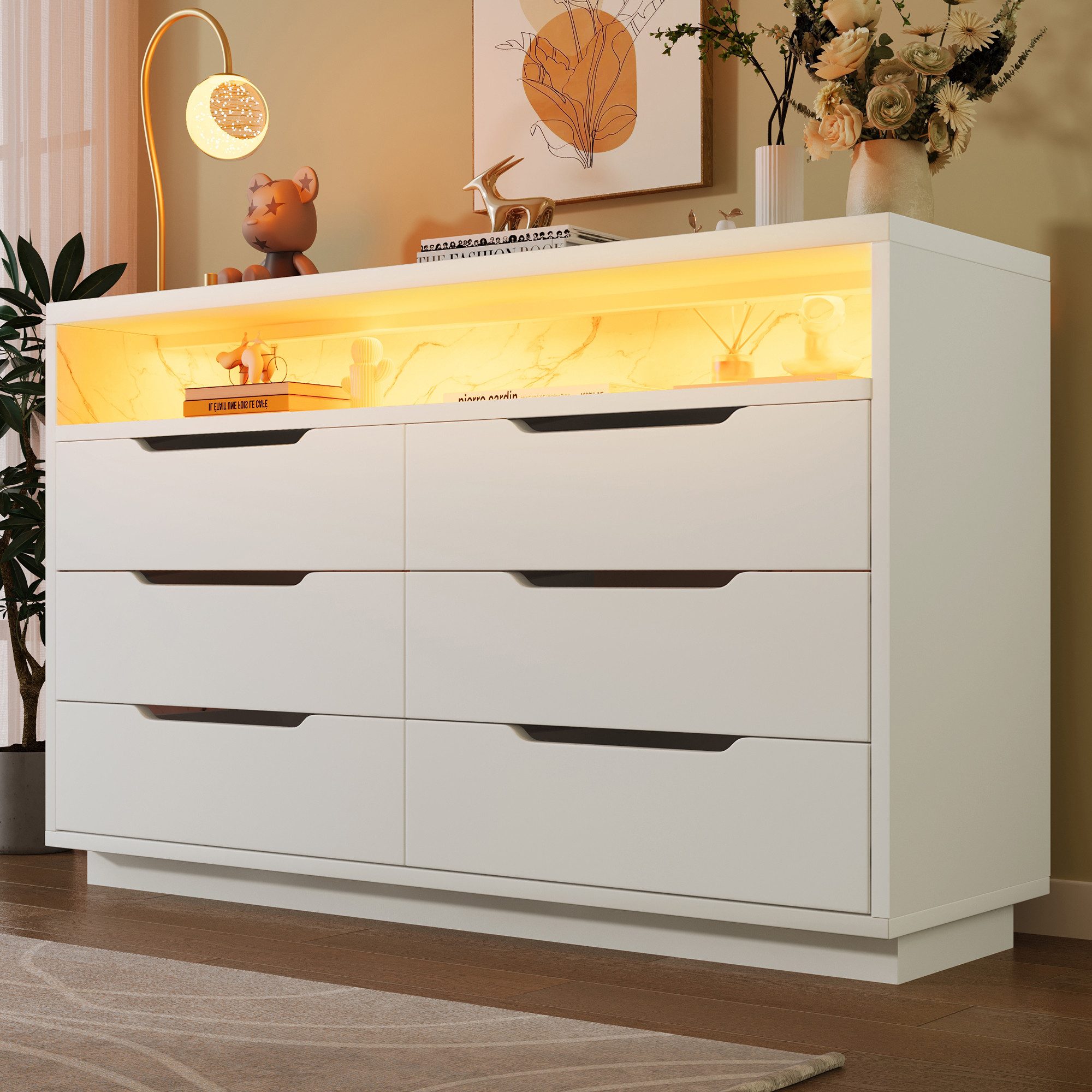 Flieks Kommode mit 6 Schubladen und LED-Beleuchtung (1 St., B120/T40/H85 cm, Staufach mit Marmorkorn), Sideboard Schrank für Wohnzimmer und Schlafzimmer Weiß