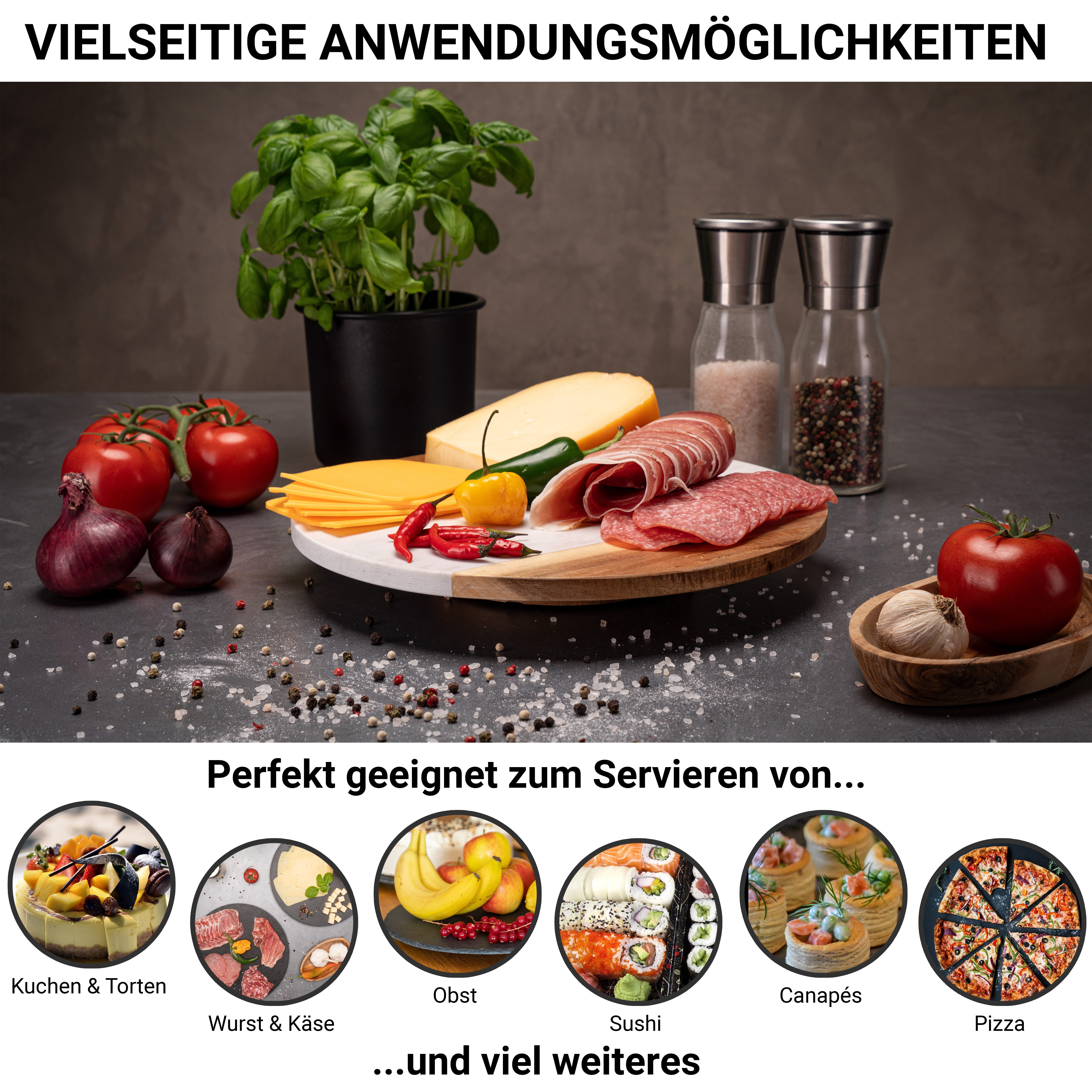 Fino Casa Tortenplatte Fino Casa drehbare Marmorplatte rund Kuchenplatte Wurstplatte, Marmor & Holz, (1x drehbare Marmorplatte rund Ø 30 cm), Etagere Lazy Susan Sushi-Platte Antipasti-Platte