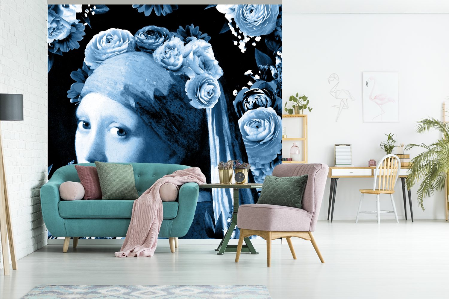 einem Wandtapete Blau, Matt, (5 Schlafzimmer, St), MuchoWow bedruckt, Rosen Mädchen Vinyl - für - oder Perlenohrring Fototapete mit Wohnzimmer Tapete