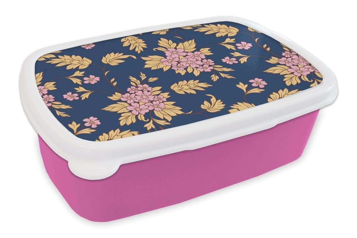 MuchoWow Lunchbox Blüte - Blätter - Rosa - Gold - Muster, Kunststoff, (2-tlg), Brotbox für Erwachsene, Brotdose Kinder, Snackbox, Mädchen, Kunststoff