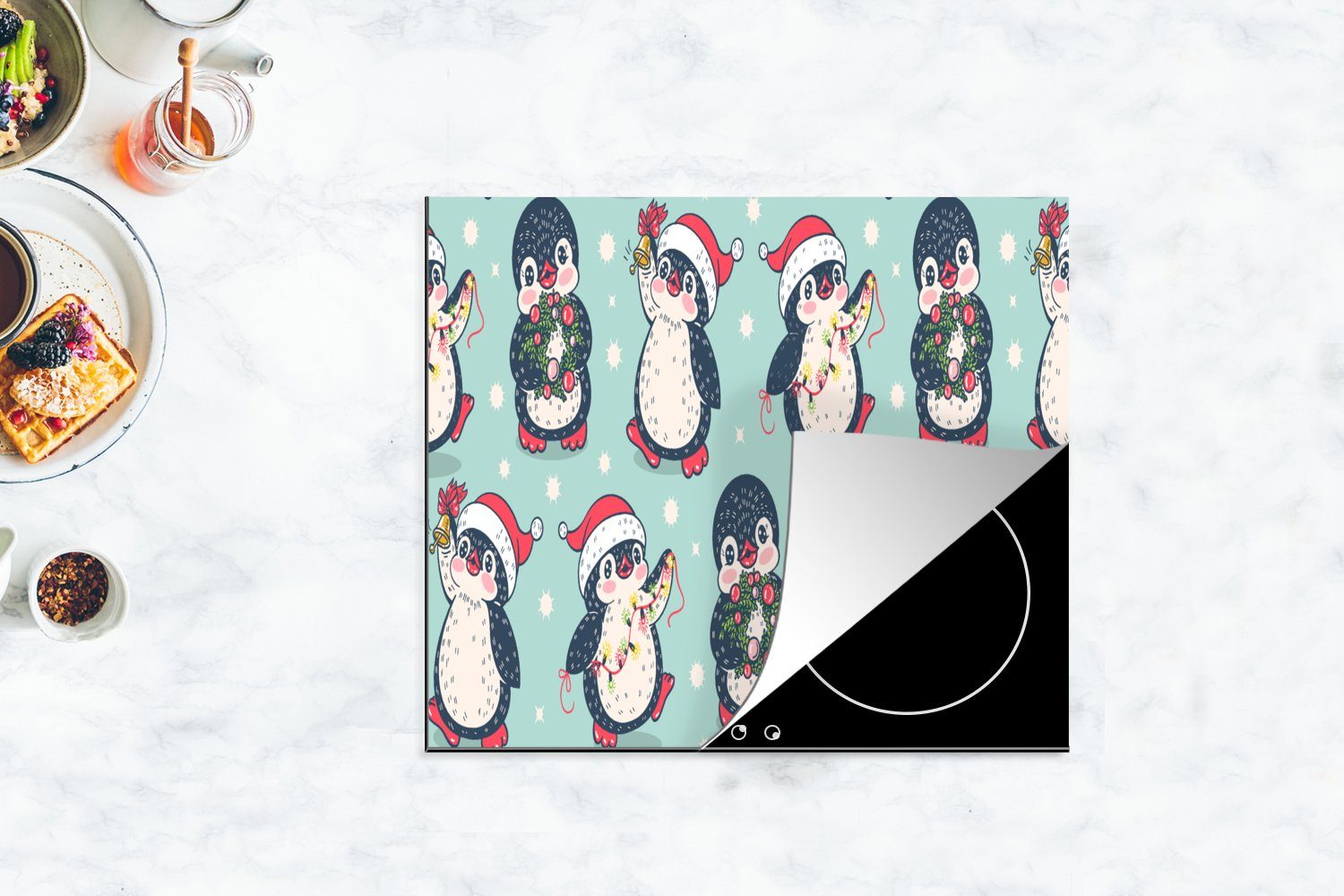 Lichterkette Vinyl, - Schnittmuster, Mobile Pinguin - - Arbeitsfläche nutzbar, Weihnachtskranz MuchoWow Herdblende-/Abdeckplatte tlg), cm, Ceranfeldabdeckung (1 60x52