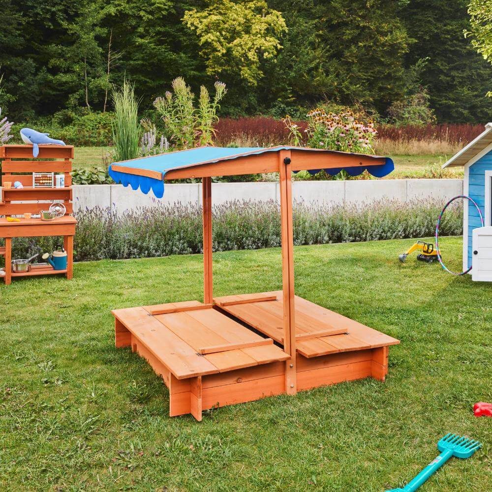 HOME DELUXE Sandkasten BUDDELKISTE, mit Sonnensegel, 2in1 Sitzbänken zum Abdecken, Sandkiste