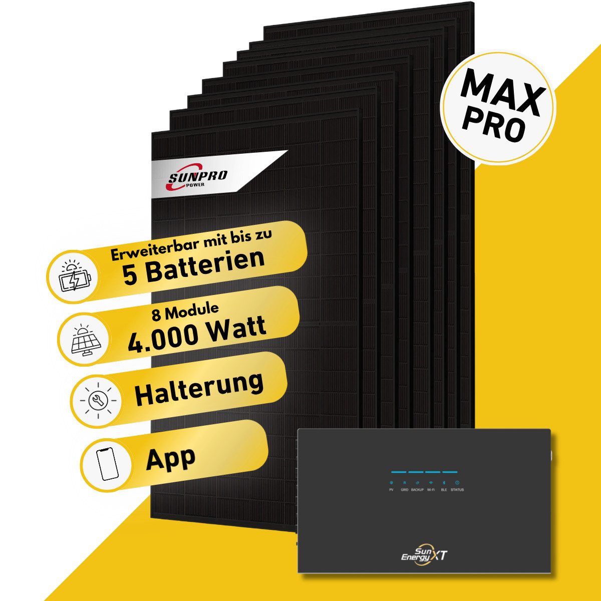 Balkonstrom Balkonkraftwerk MAX Pro 4000 Watt Solaranlage mit Speicher Komplettset Bifazial, 4000 W, Monokristallin, (8x Sunpro Solarmodul á 500 Watt, 1xHoymiles HiBattery 4020X Solarspeicher, 1-3 Zusatzspeicher HB4020S), Halterung für Dach, Fassade, Balkon & Garten, App & Plug&Play DE
