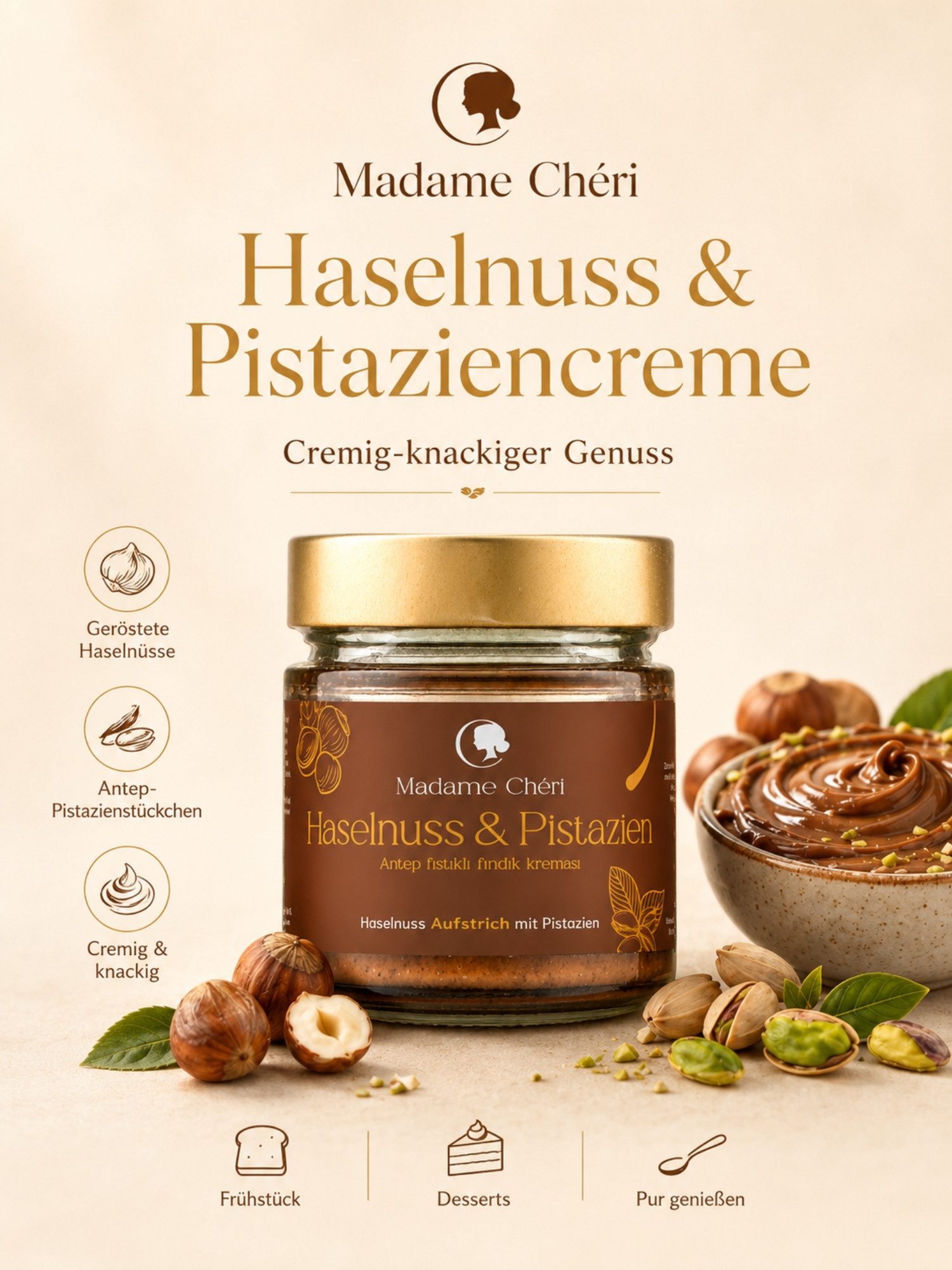 Madame Chéri Nussaufstrich Nusscreme Aufstrich Pistazie Mandel Haselnuss cremig vegan, Ohne Palmöl, ohne Zusatzstoffe, mit Antep-Pistazienstückchen