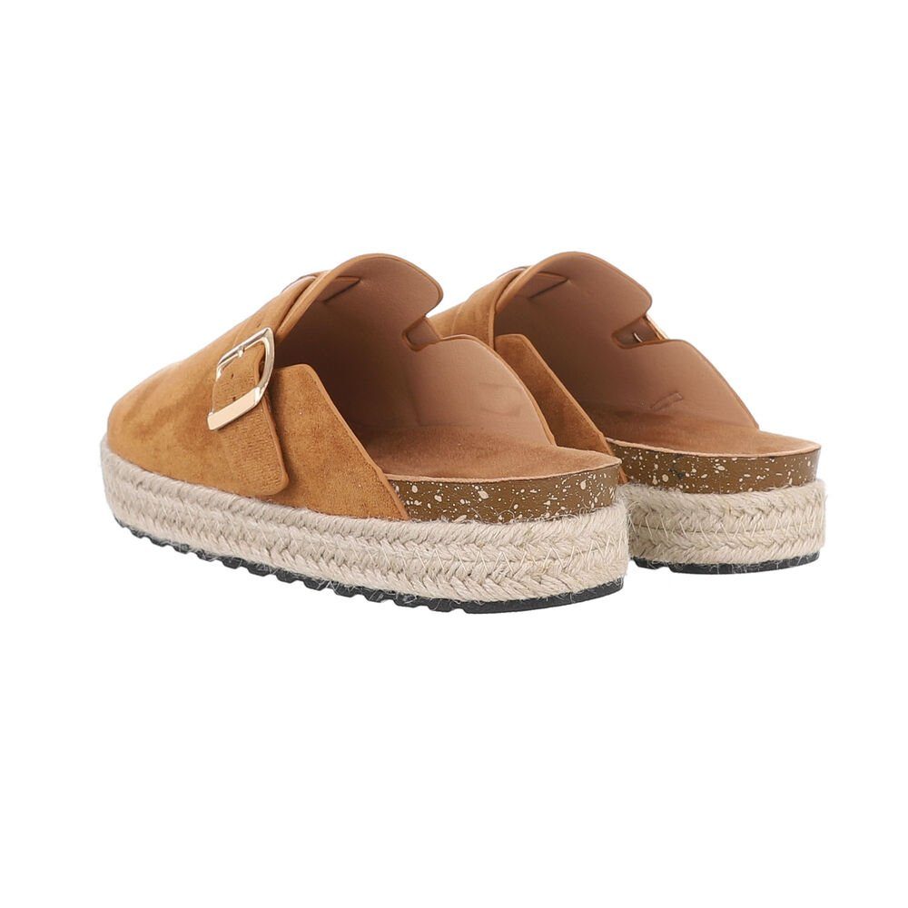 Ital-Design Damen Mules Freizeit Pantolette Flach Pantoletten in Camel