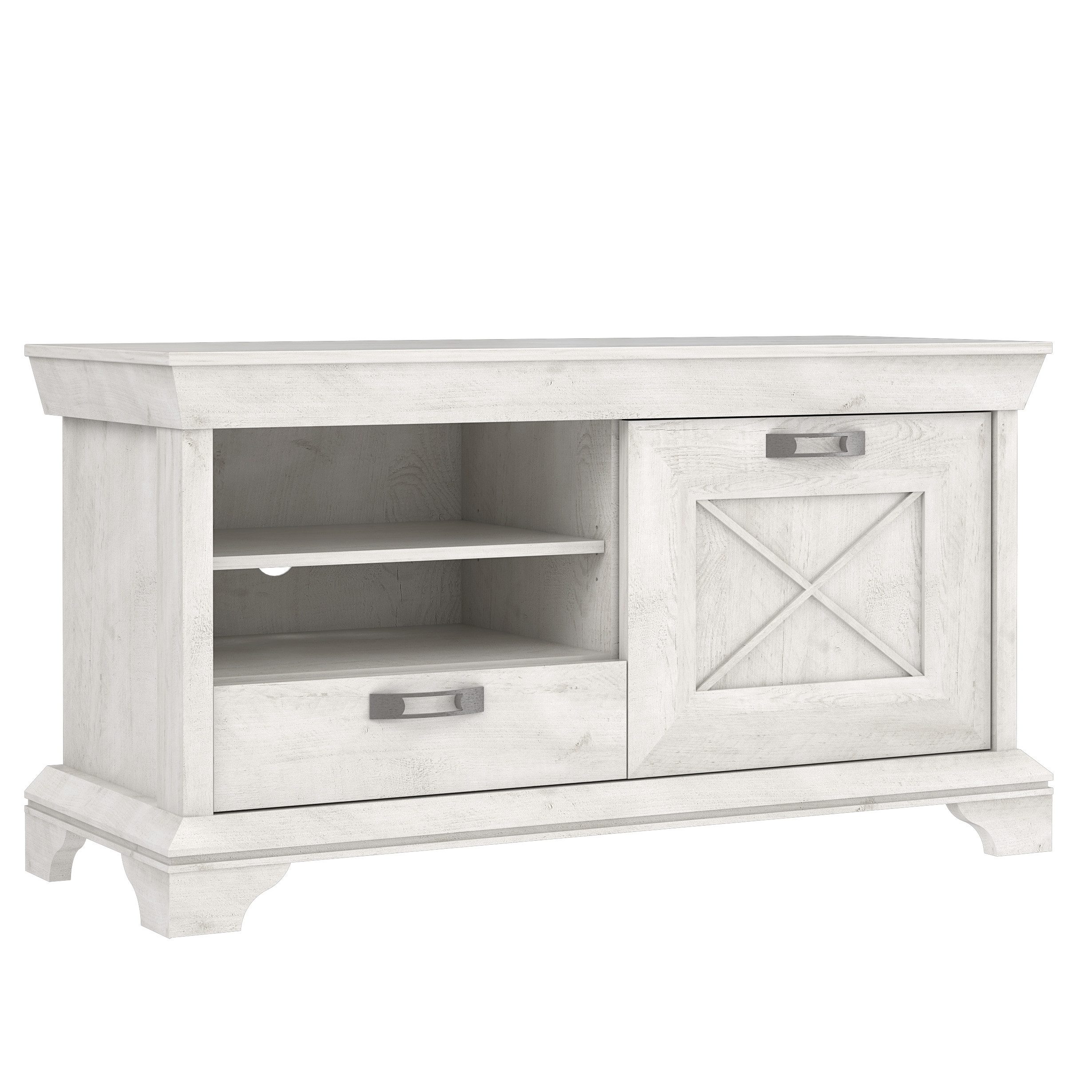 Newroom Lowboard Pinie Weiß 123 cm, TV Lowboard Pinie Weiß Modern Landhaus TV Schrank Fernsehtisch
