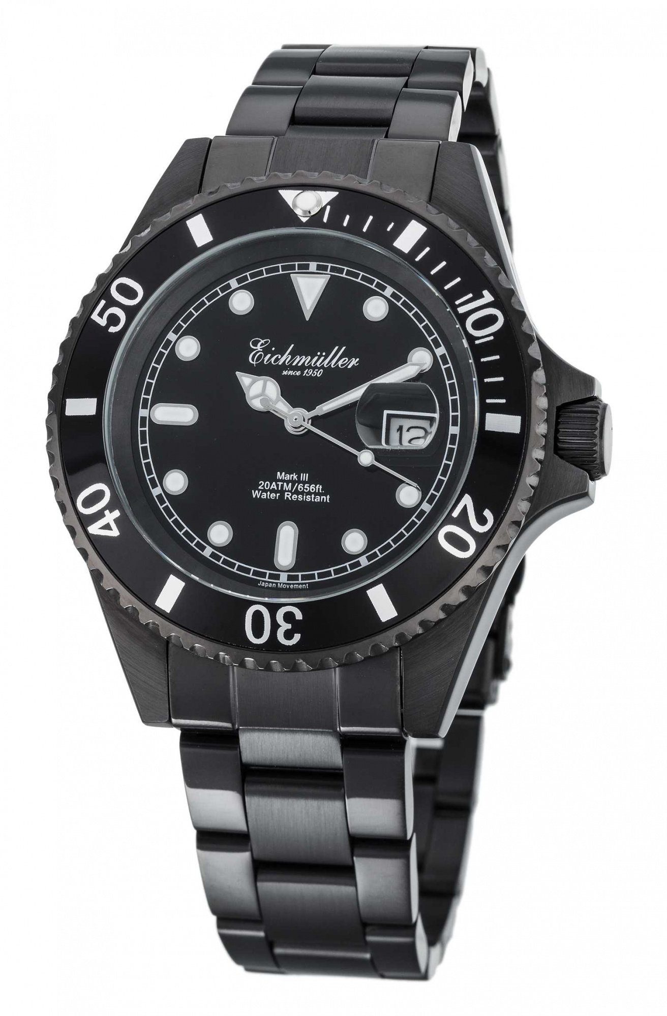 Eichmüller Taucheruhr Herrenuhr, Schwarz, Edelstahlband, 43 mm, 3460-02, Wasserdicht bis 20 ATM, sportlich und robust