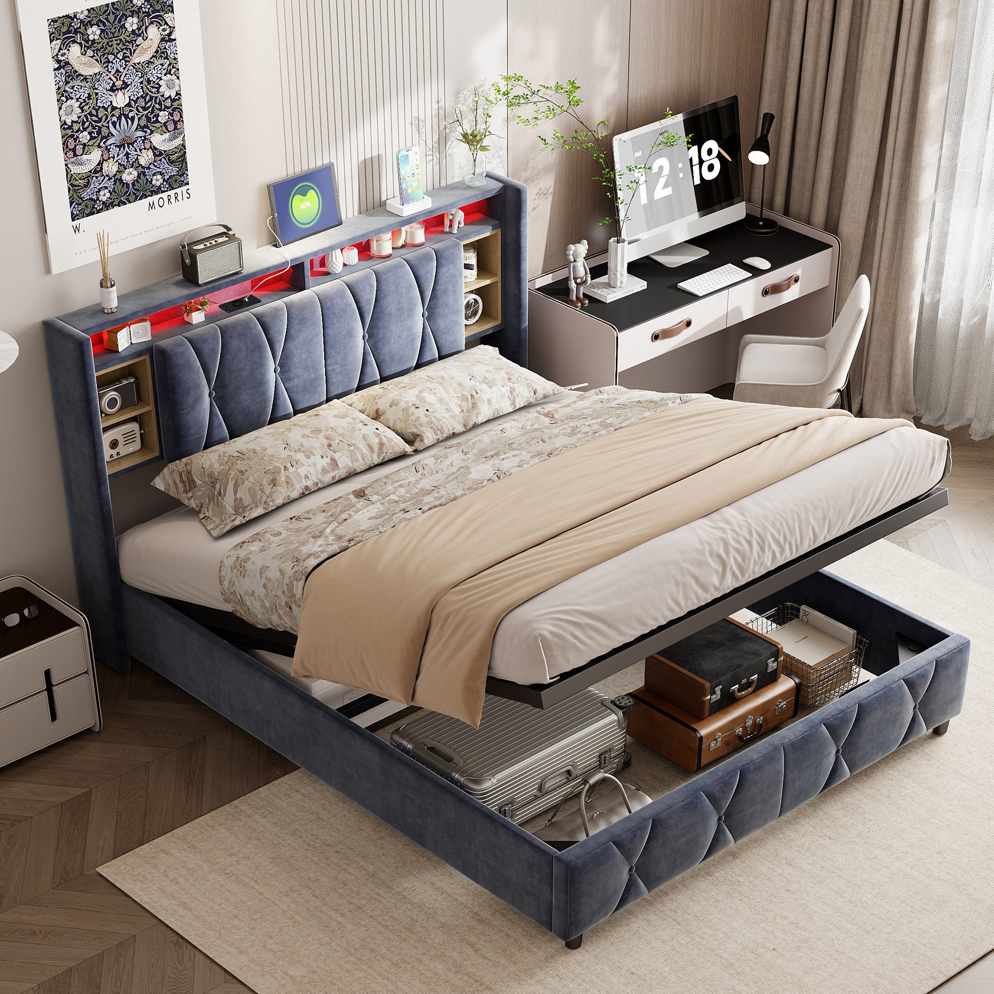 ADWOLT Stauraumbett Polsterbett Doppelbett mit Stauraum Kopfteil (1-tlg., Aufklappbares Kopfteil mit Ladeanschluss), Hydraulisches Bett Funktionsbett, Samt, Gra – Bild 4 von 5