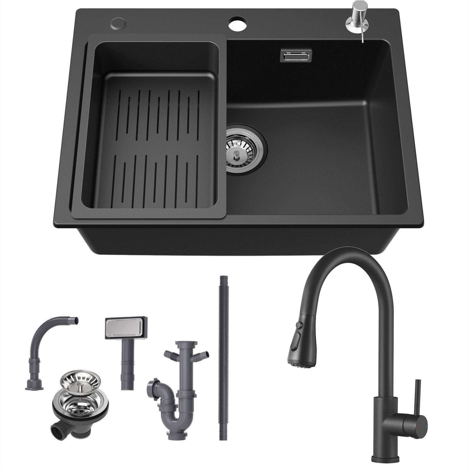 CECIPA MAX Granitspüle 60×45 cm Küchenspüle Granit + Ausziehbare Küchenarmatur(Höhe 391mm), 2 Strahlarten Spültischarmatur, Aufsatz Spüle mit Abtropfkorb und Seifenspender, für ab 60 cm Unterschrank