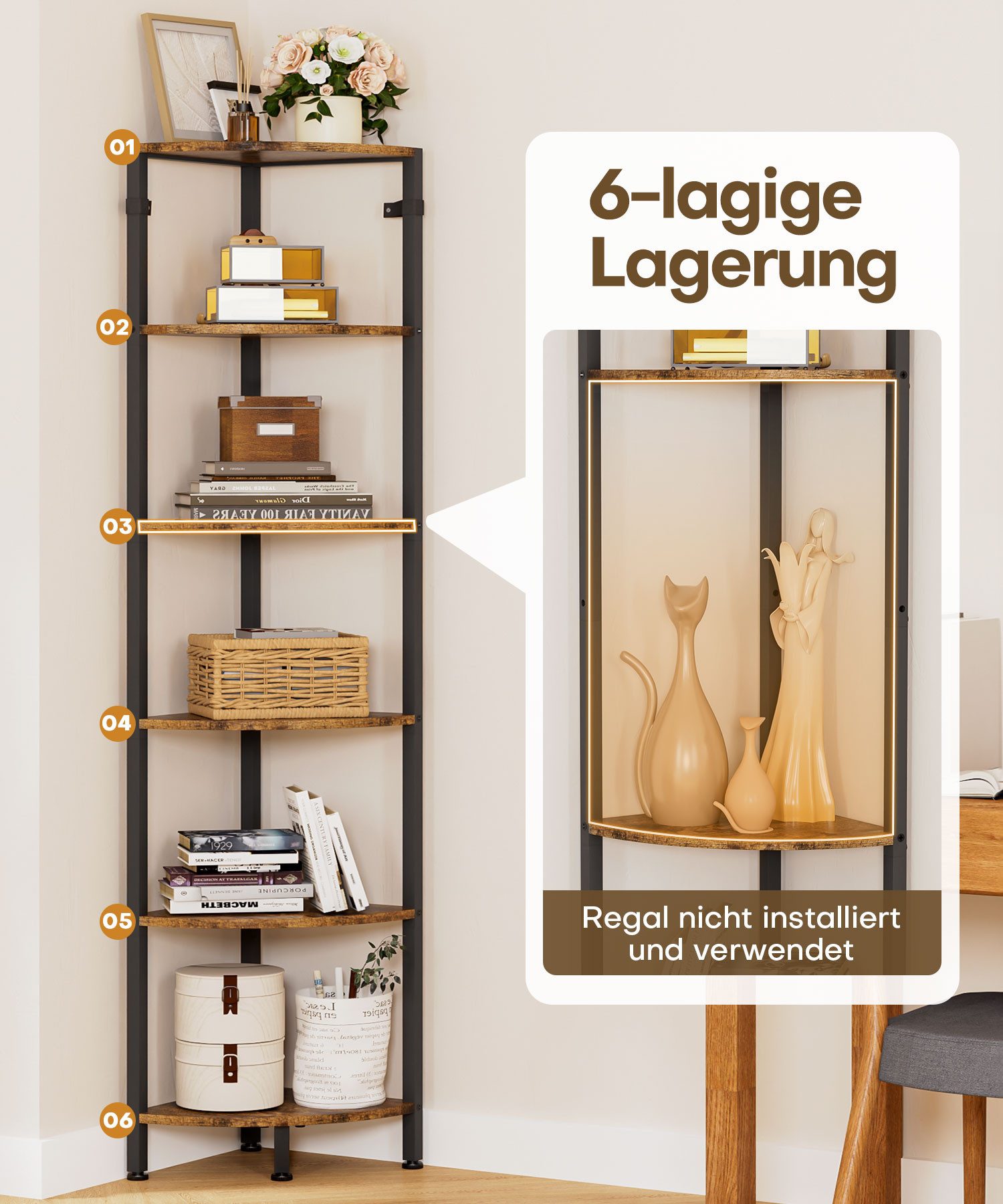 Yorbay Eckregal 6 Ebenen platzsparend Standregal stehend, Hoch Regal mit Kippschutz, 170cm – Bild 4 von 5
