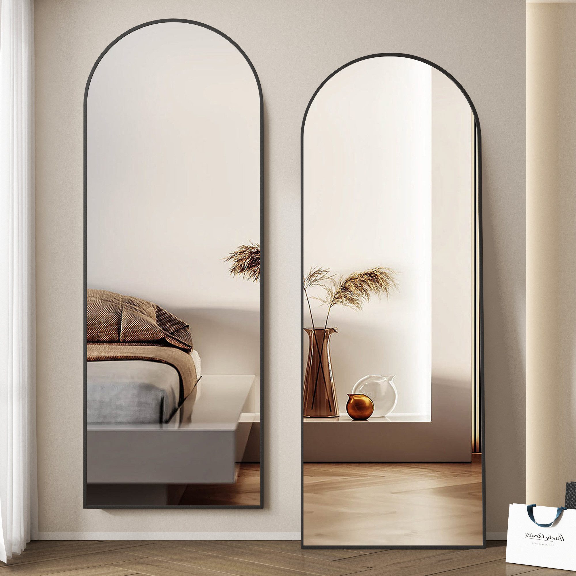 Boromal Зеркало в полный рост Напольное зеркало Wandspiegel groß Schwarz Weiß 180x80cm 160x50cm Alurahmen (Hochspiegel Arched Gold 150x50 140x40cm, 1-St., mit Metall-Haken), 5mm Kupfer- und bleifreier Зеркало,Freistehend,Wandmontage