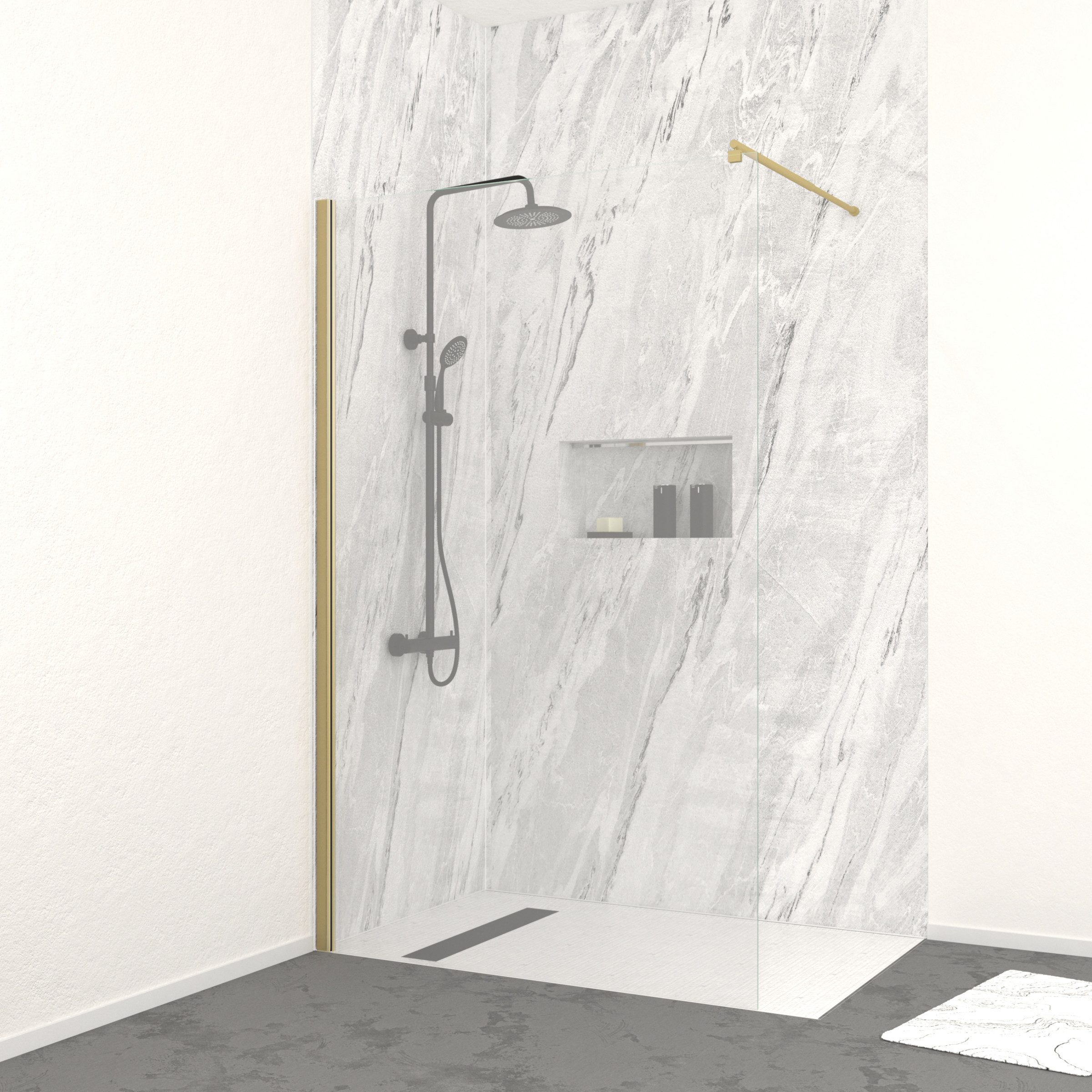 Marwell Walk-in-Dusche Spezia, Einscheibensicherheitsglas, mit hochwertigen Aluminiumrahmen in gebürsteter Goldoptik