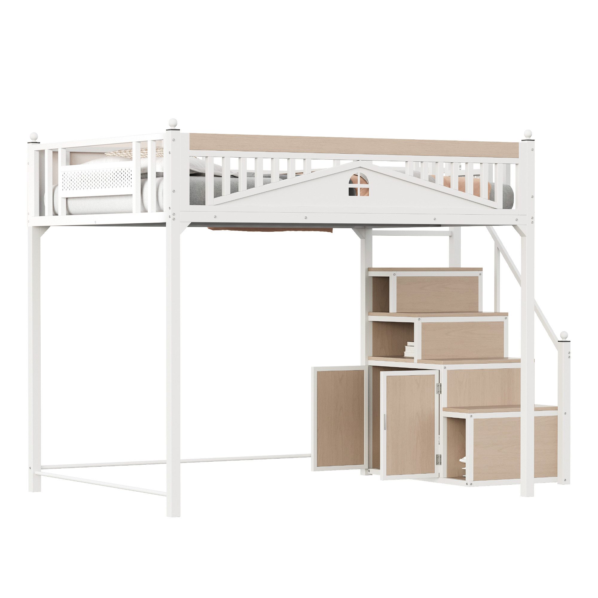 OKWISH Hochbett Einzelbett,Jugendbett,Hochbett (Metall-Hochbett mit Staurau günstig online kaufen