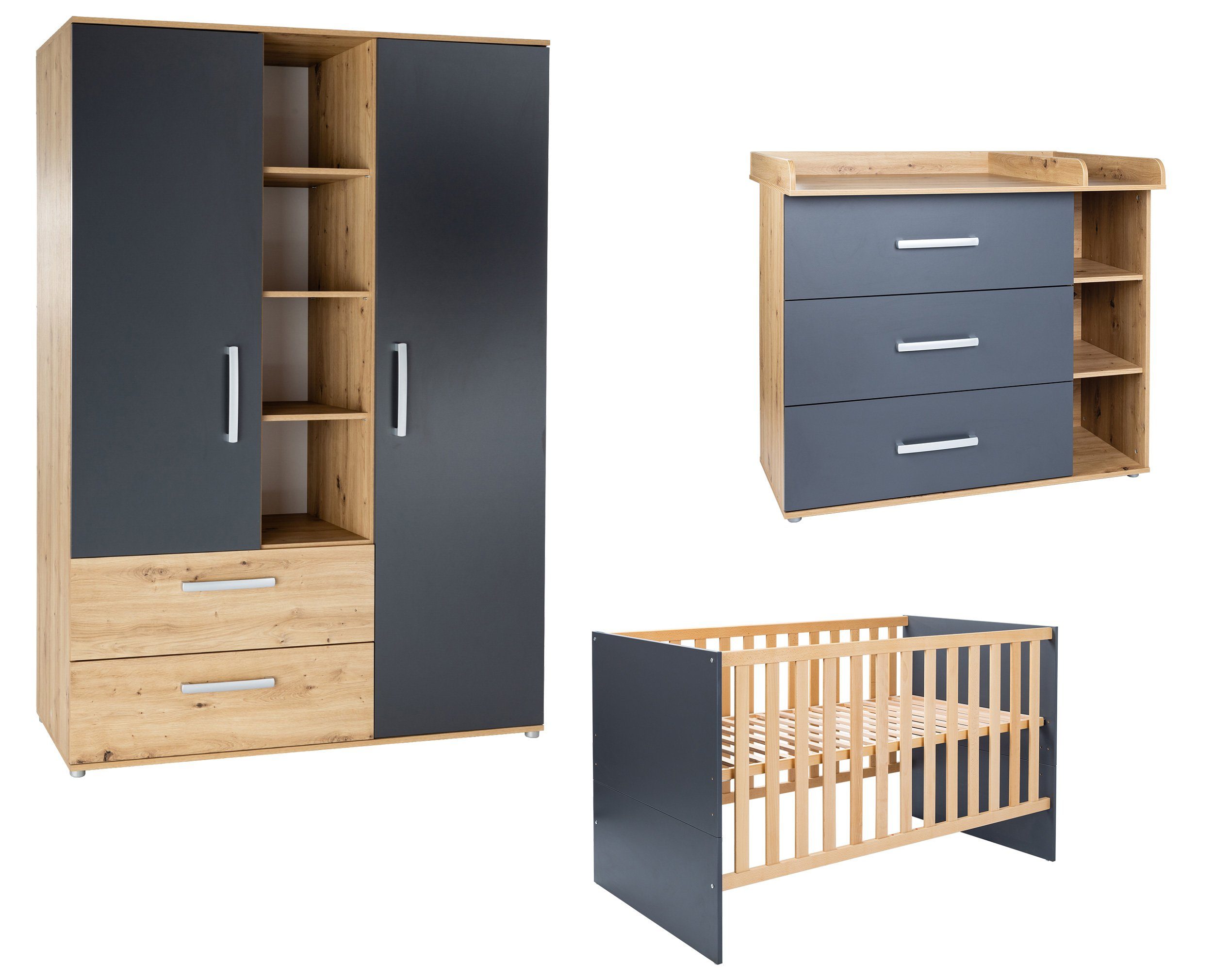 arthur berndt Babyzimmer-Komplettset Babyzimmer-Set »Alessio« 3-teilig, Anthrazit mit Eiche Artisan Dekor, (Set)