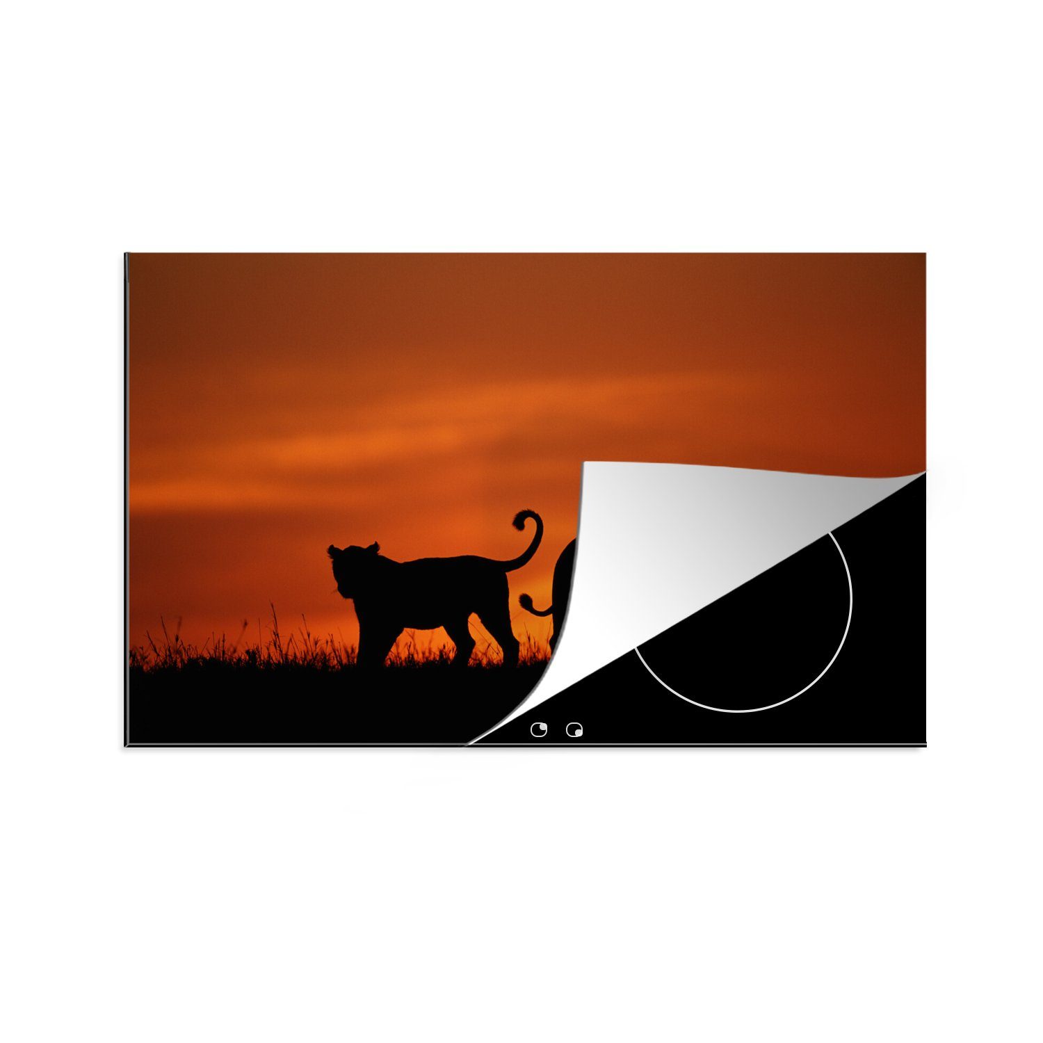 MuchoWow Herdblende-/Abdeckplatte Silhouetten von zwei Löwen, Vinyl, (1 tlg), 81x52 cm, Induktionskochfeld Schutz für die küche, Ceranfeldabdeckung