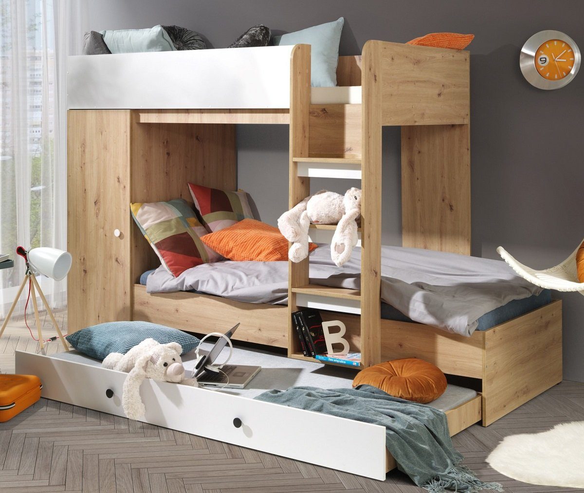 QMM TraumMöbel Hochbett Etagenbett "SAM 2" für 2-3 Kinder mit Schrank eiche (2-3 Liegeflächen mit Leiter & Schrank)