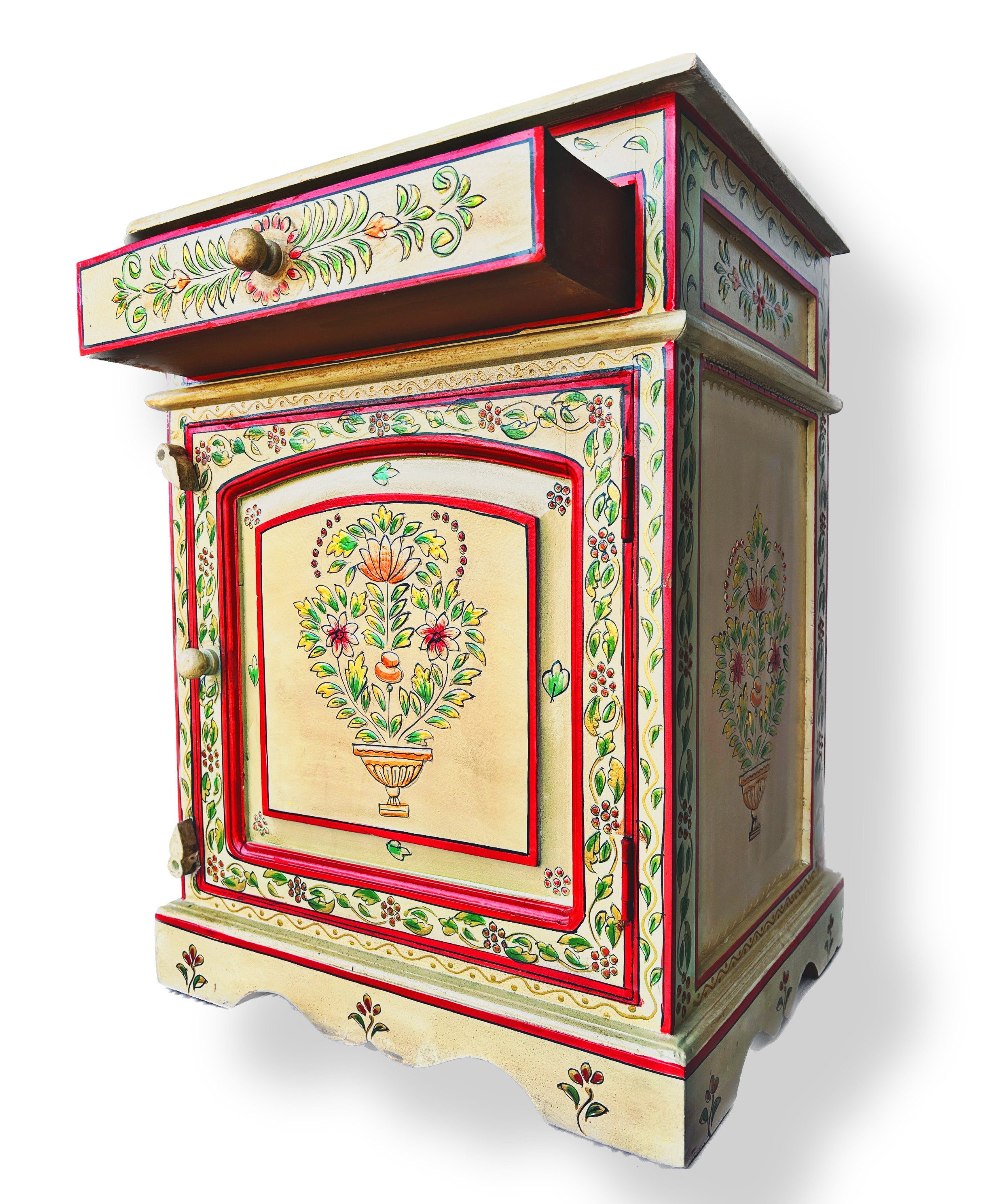 OPIUM OUTLET Nachtkommode Indisches Schränkchen Asia Nachttisch Schrank orientalische Kommode (Kleiner Nacht-Schrank komplett montiert), orientalische Schlafzimmer-Kommode Konsole rot-beige handbemalt