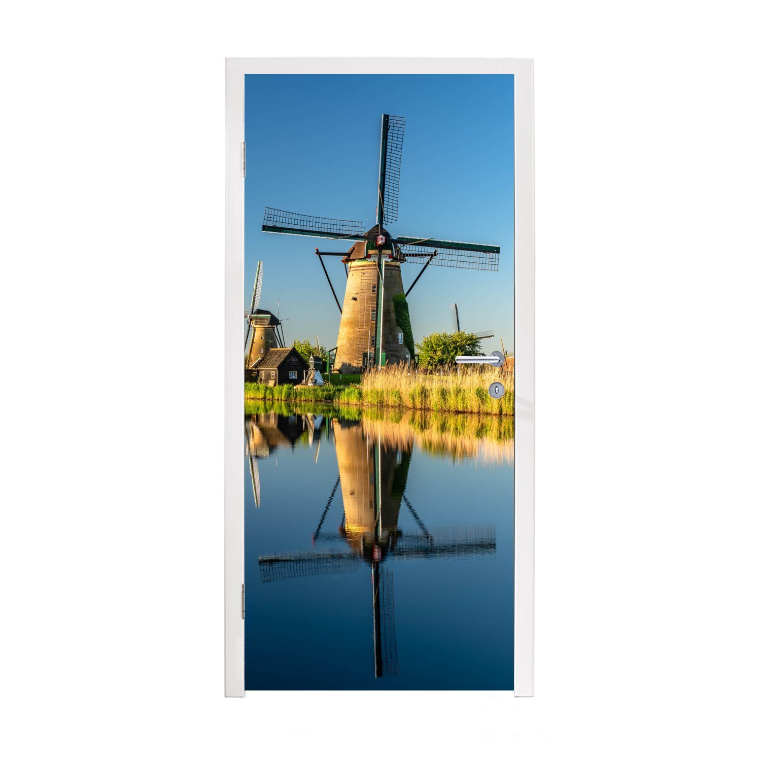 MuchoWow Türtapete Windmühle - Wasser - Spiegelung - Niederlande, Matt, bedruckt, (1 St), Fototapete für Tür, Türaufkleber, 75x205 cm