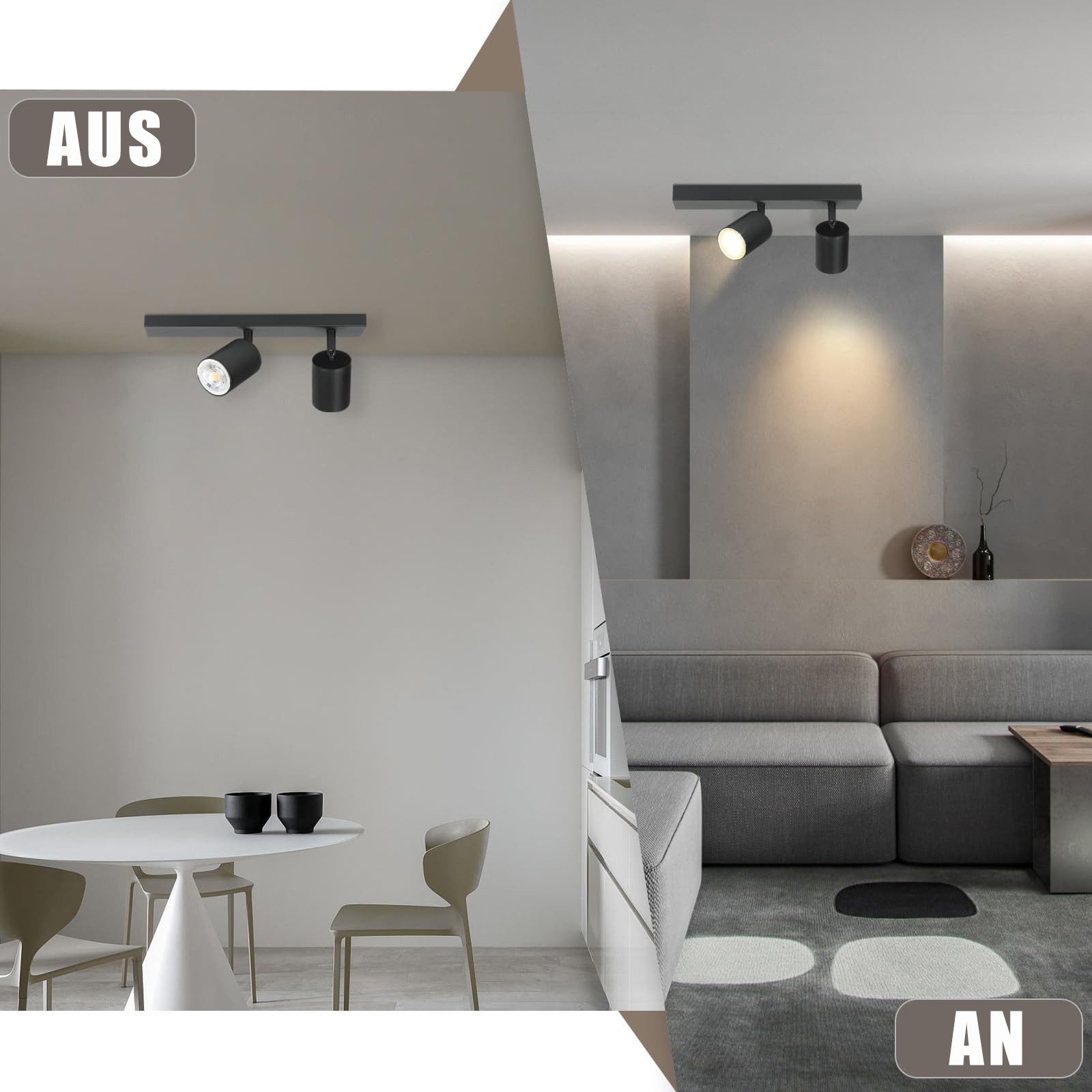 Nettlife Deckenstrahler Deckenstrahler GU10 Rechteckig 2flammig Schwarz, 350° Schwenkbar, LED wechselbar, Wohnzimmer Schlafzimmer Küche Flur – Bild 4 von 5