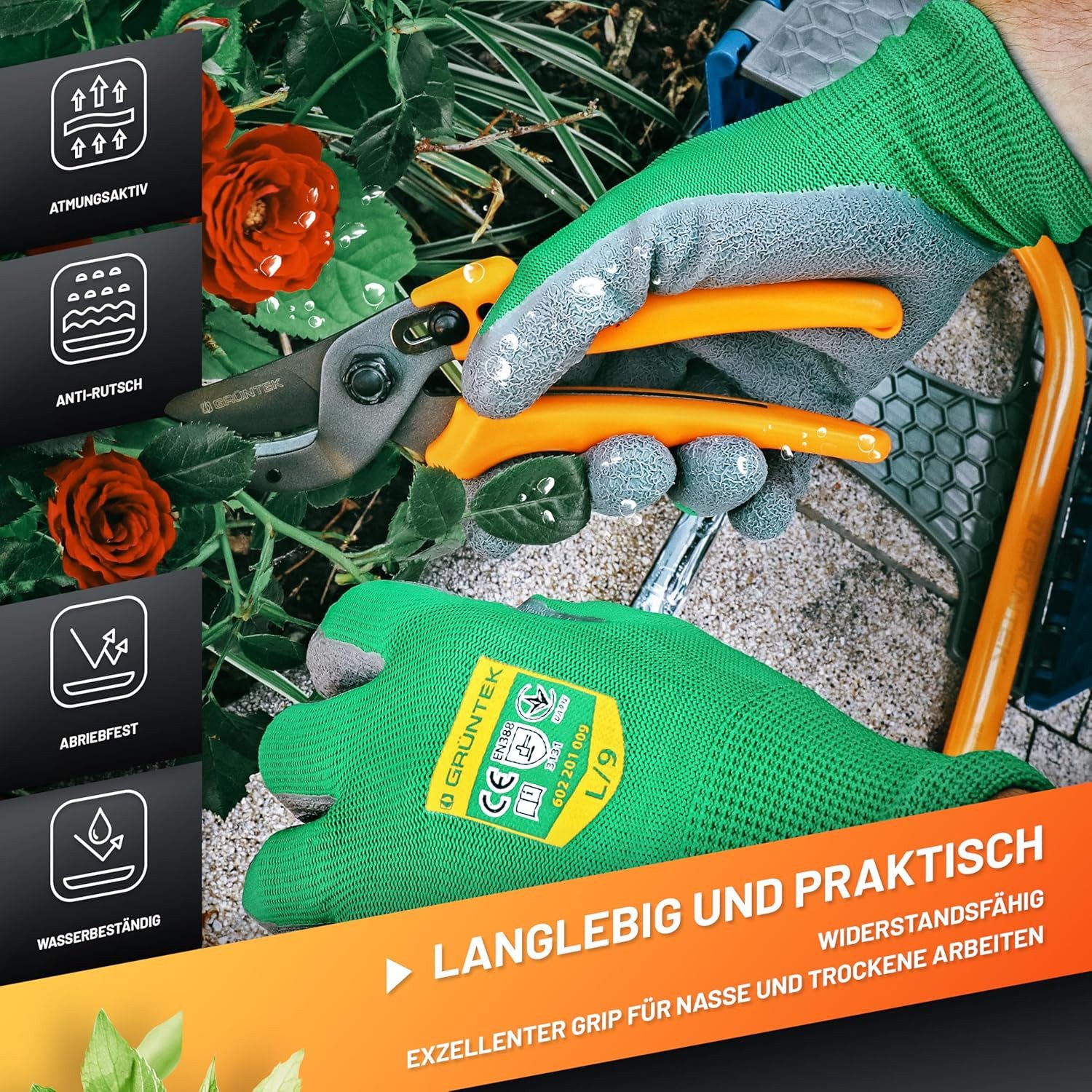 GRÜNTEK Gartenhandschuhe Schutzhandschuhe 5 Paar aus Polyesterfaser mit Latexbeschichtung (Set, 10-St., 5 Paar L/9) geeignet für den privaten und gewerblichen Gebrauch