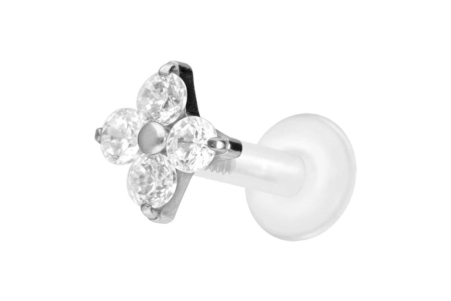 Piercing-Set PTFE Labret mit Innengewinde + Titan-Aufsatz KRISTALLBLUME