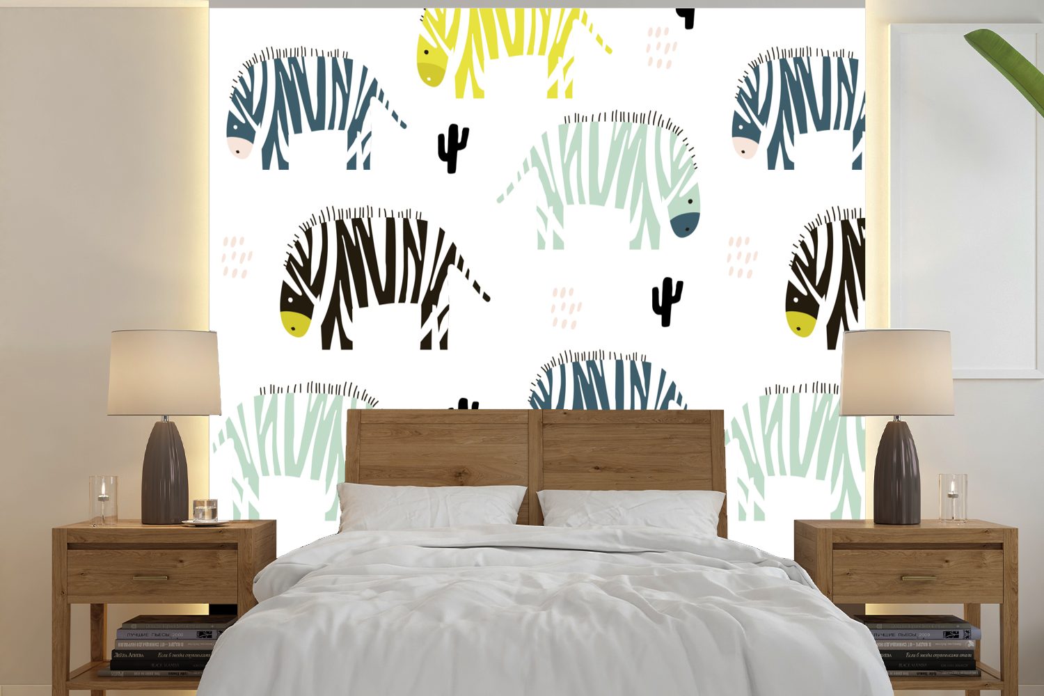 MuchoWow Fototapete Zebra - Kaktus - Weiß, Matt, bedruckt, (5 St), Vinyl Tapete für Wohnzimmer oder Schlafzimmer, Wandtapete