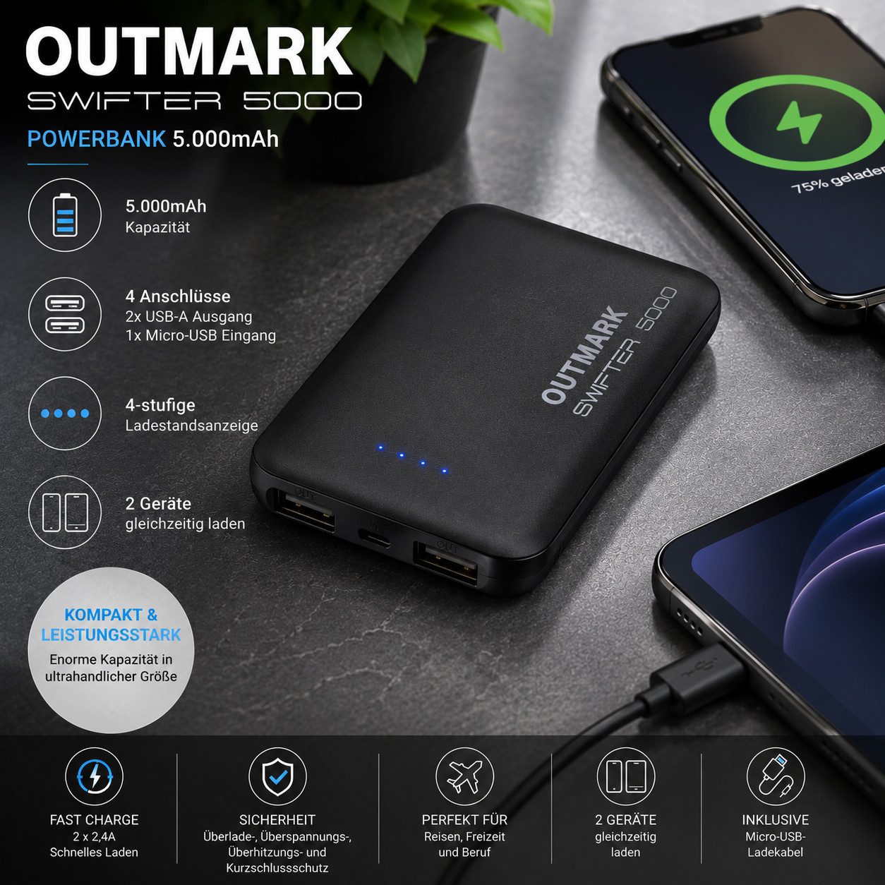 OUTMARK Swifter 5.000 mAh Powerbank Akku für unterweg Freizeit Powerbank
