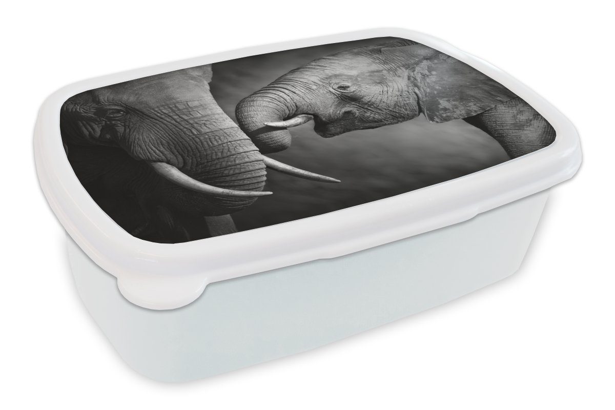 MuchoWow Lunchbox Wildtiere - Elefant - Schwarz - Weiß - Porträt, Kunststoff, (2-tlg), Brotbox für Kinder und Erwachsene, Brotdose, für Jungs und Mädchen