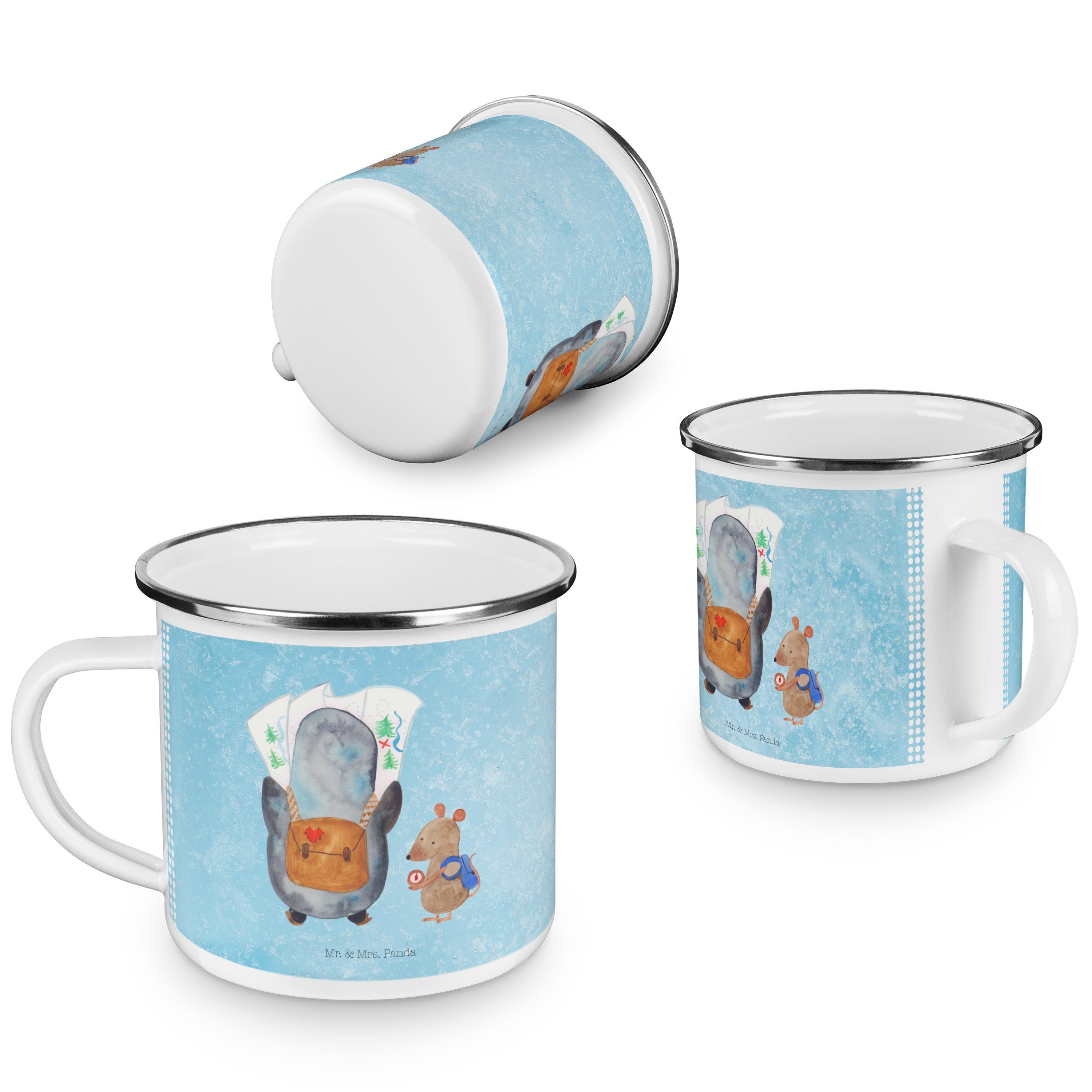 & Becher Kaffee Blechtasse, Emai, Mr. Pinguin & Emaille Mrs. Eisblau Maus Geschenk, - Wanderer Panda -