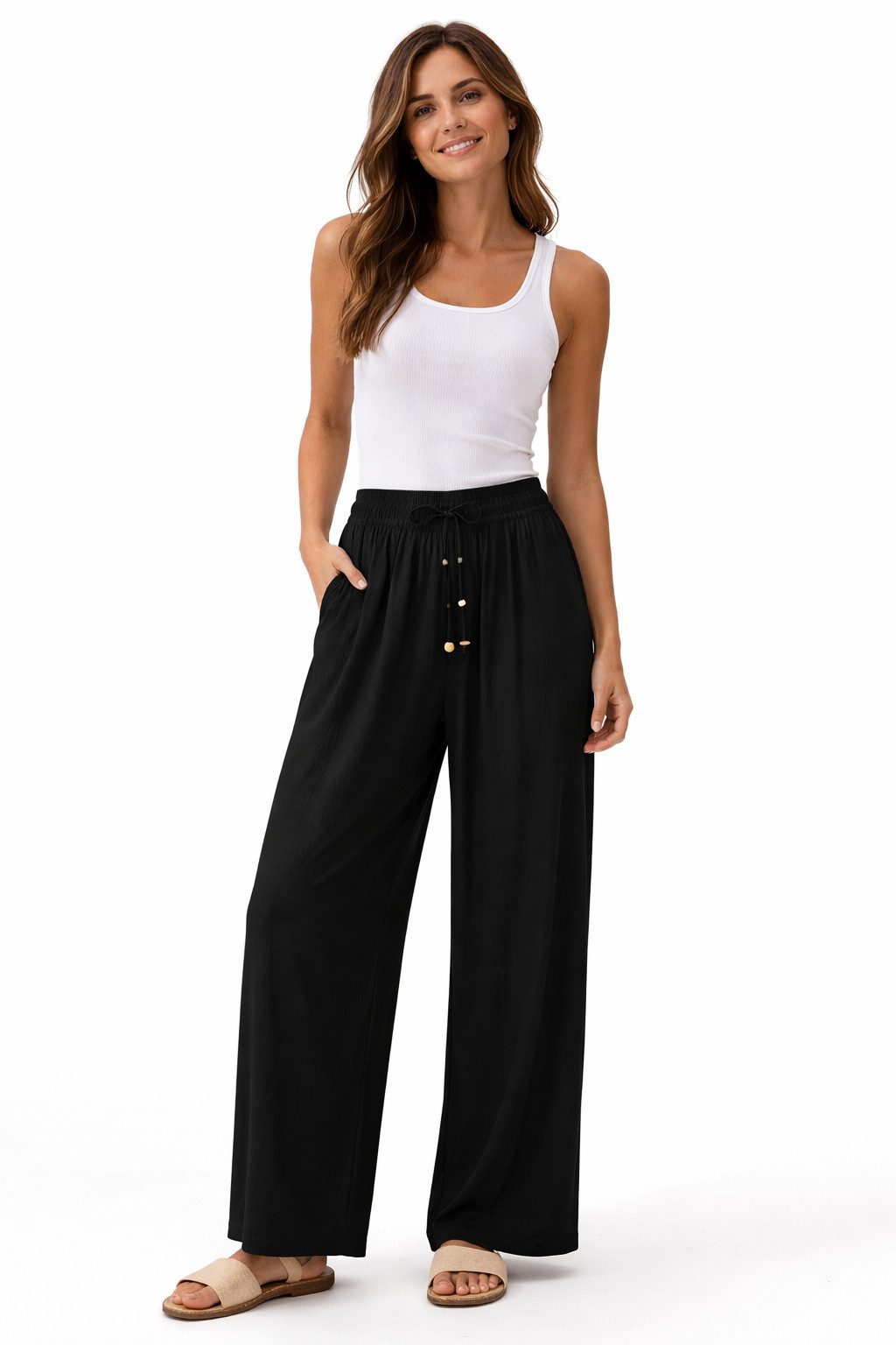 Eight2Nine Chinos Damen Luftige Sommerhose Freizeit Weit geschnitten Stoffhose Musselin