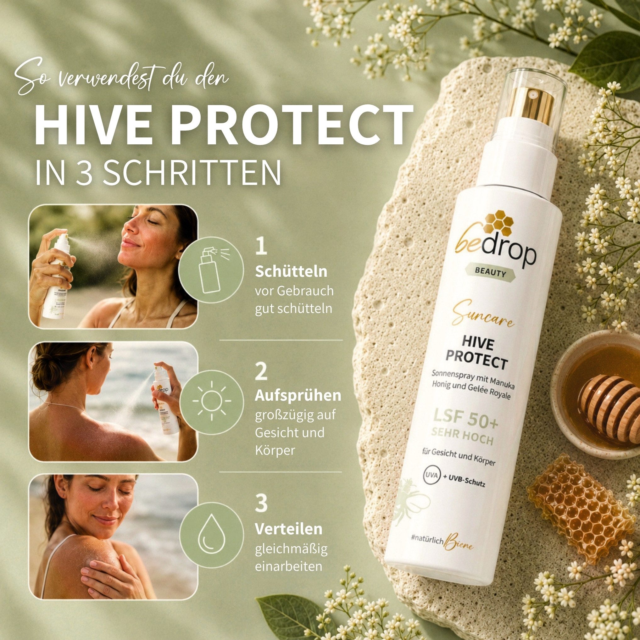 bedrop Sonnenschutzspray HIVE PROTECT LSF 50+ Sonnenspray mit Manuka Honig & Gelée Royale, hoher Sonnenschutz mit intensiver Pflegeformel für Gesicht und Körper