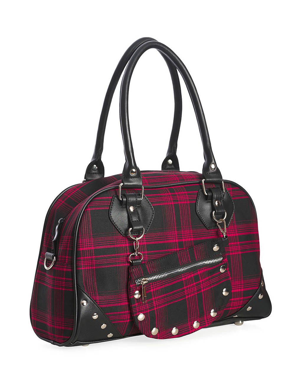 Banned Handtasche Warren Plaid Rot, Punk Kariert Nieten Tartan