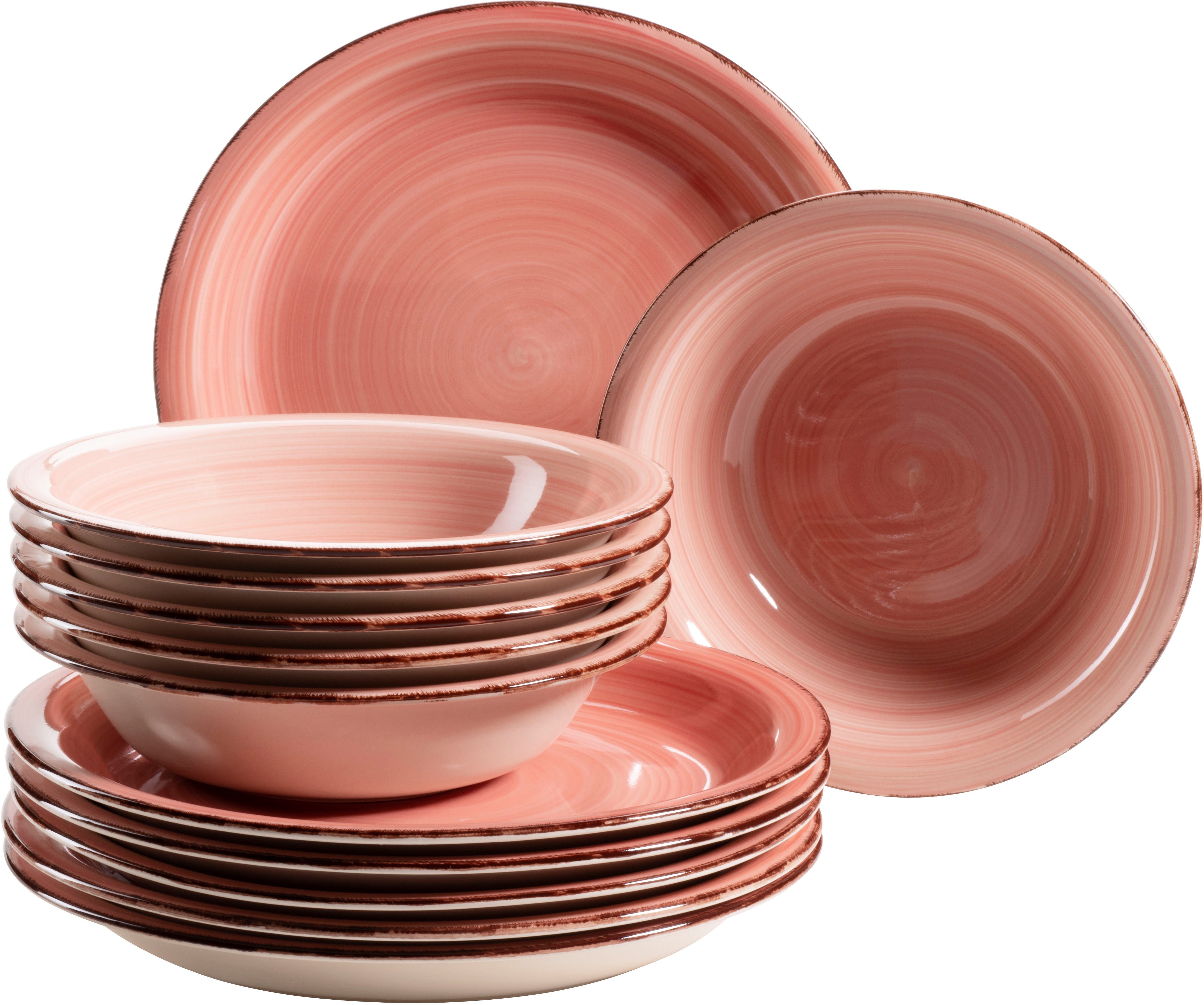 OTTO home Tafelservice Teller Set, Geschirr-Set Bell Tempo (12-tlg), 6 Personen, Keramik, rustikale Holzoptik mit Spiraldekor, 12 Teile, für 6 Personen