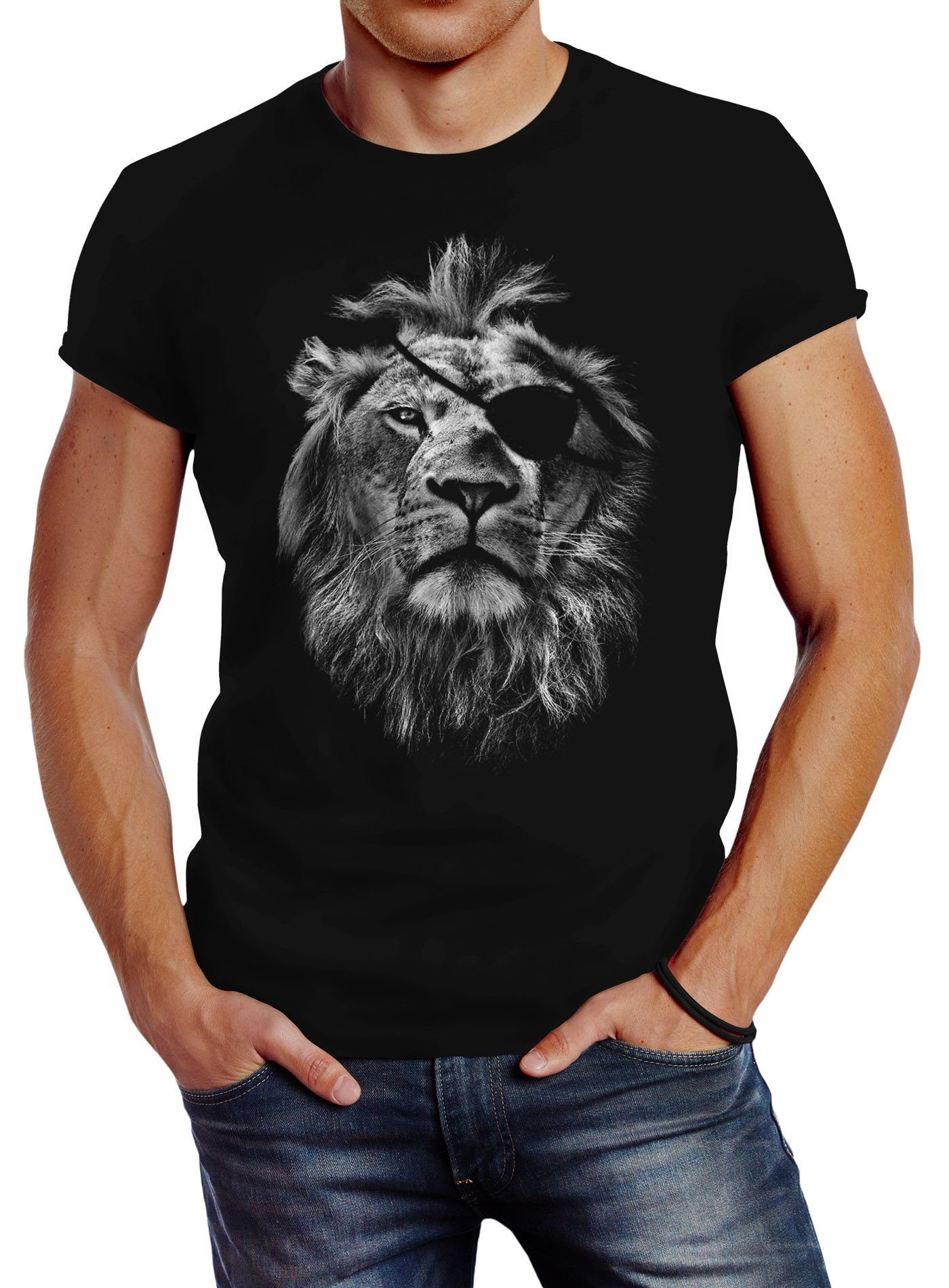 Motiv Print Löwe mit Print-Shirt Aufdruck Fit Slim Herren Cooles Neverless Neverless® T-Shirt Print