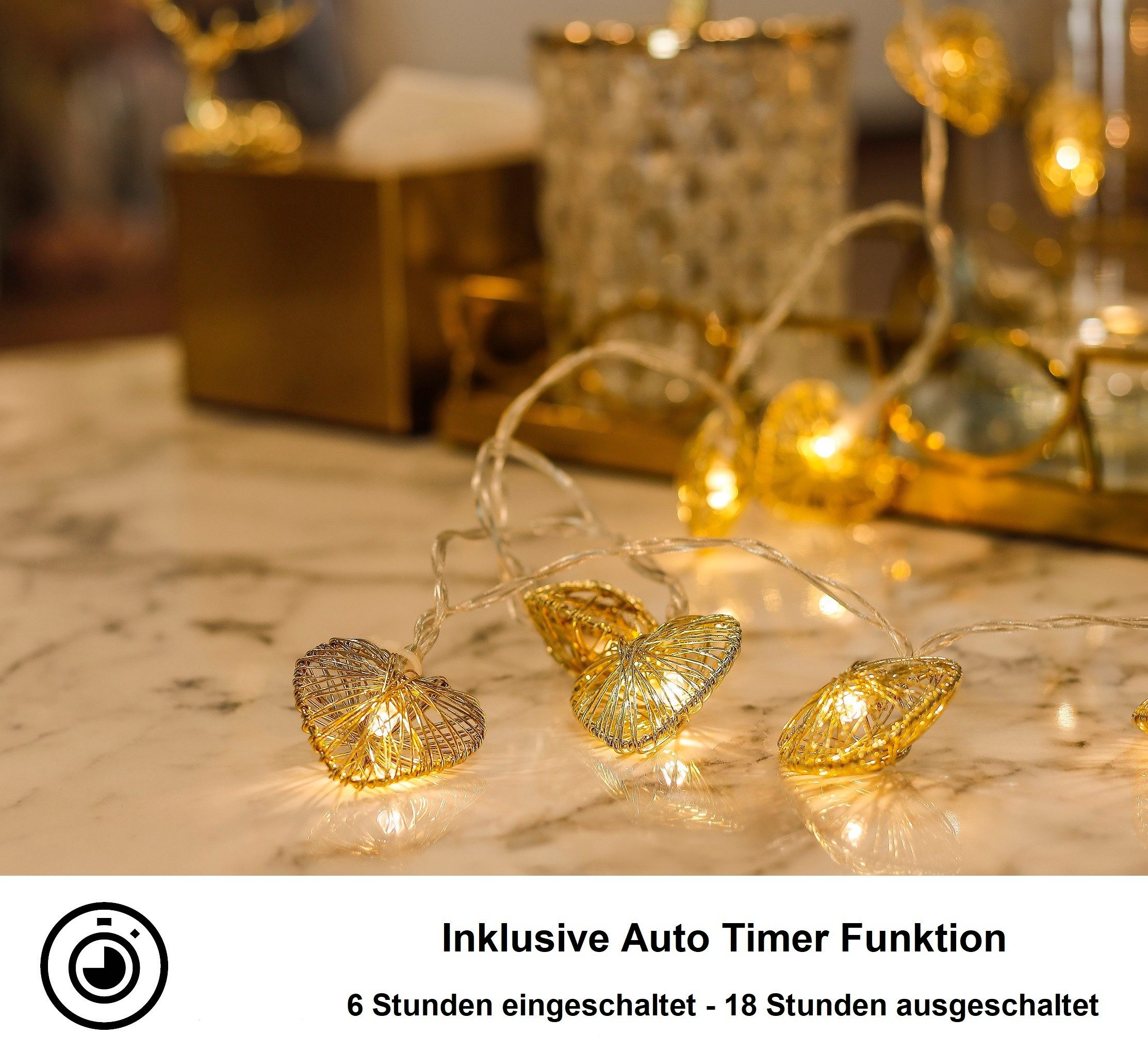 COZY HOME LED-Lichterkette Herz Lichterkette Batterie und Stecker -, 20 LEDs I 5 Meter I Timer-Funktion I Warmweiß I Lichterkette Innen