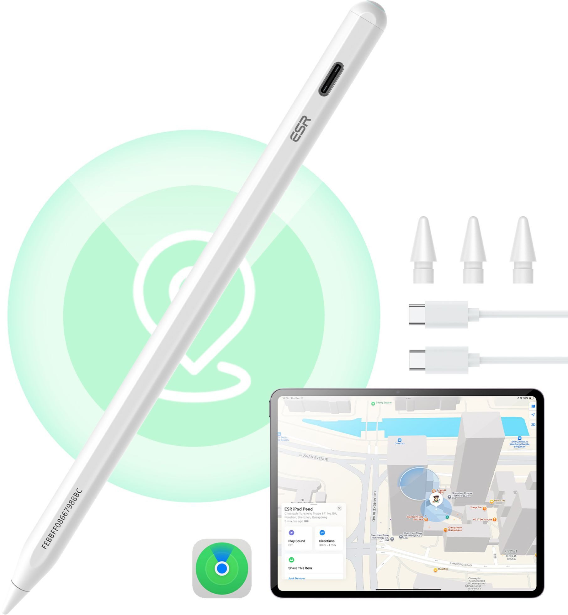 ESR Eingabestift Geo Digital Pencil Stylus (3x Ersatzspitzen) Palm Rejection, Neigungssensitiv, 12h Laufzeit, Schnellladen USB-C