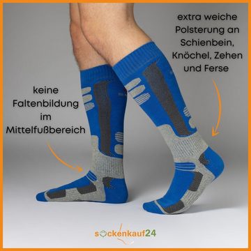 sockenkauf24 Skisocken 2 Paar Ski Strümpfe Herren & Damen Ski Socken lang (Schwarz/Blau, 43-46) Atmungsaktiv - 42816