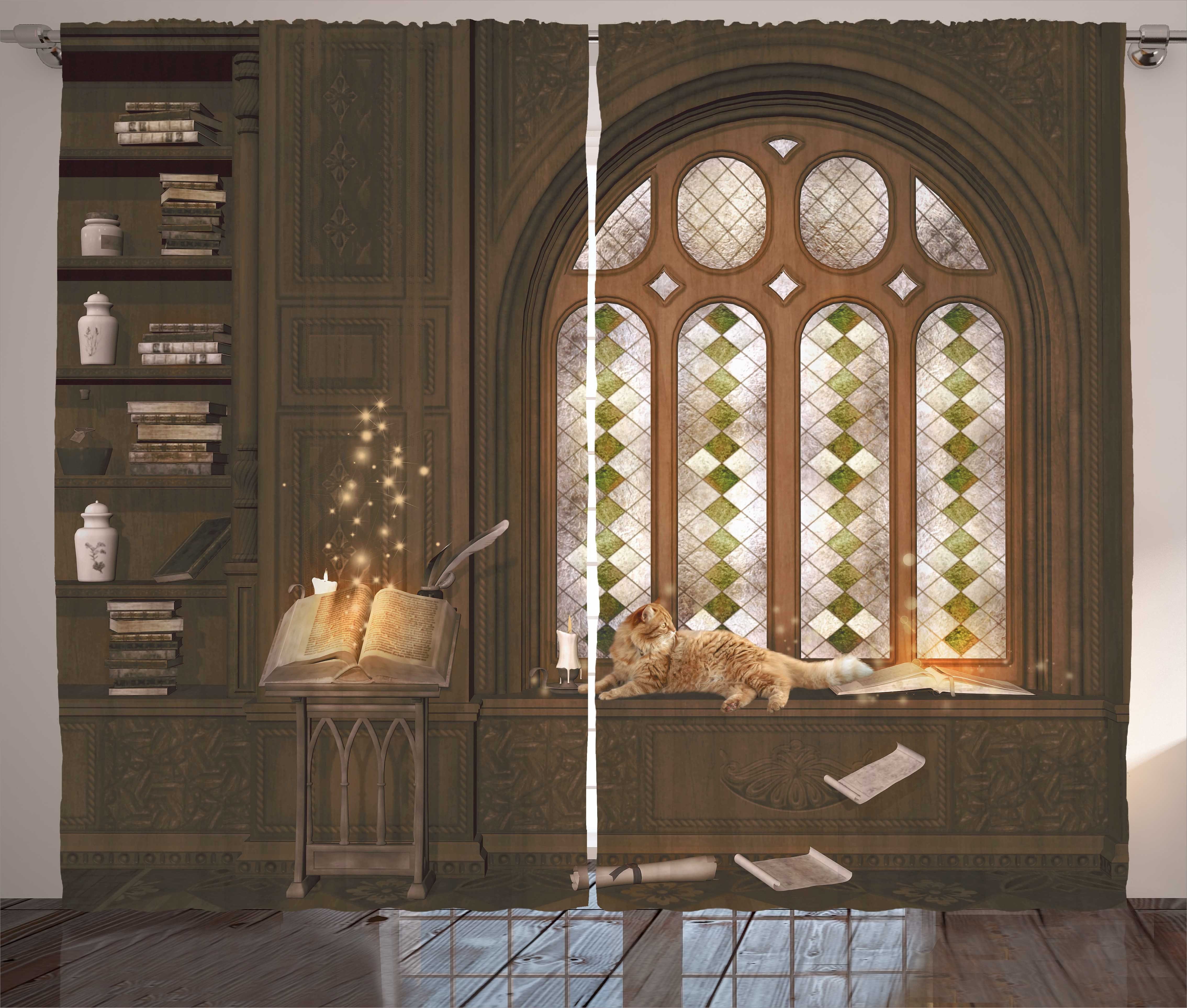 Gardine Schlafzimmer Kräuselband Vorhang Mittelalterliche Schlaufen Abakuhaus, mit Haken, und Bibliothek Bibliothek Katze