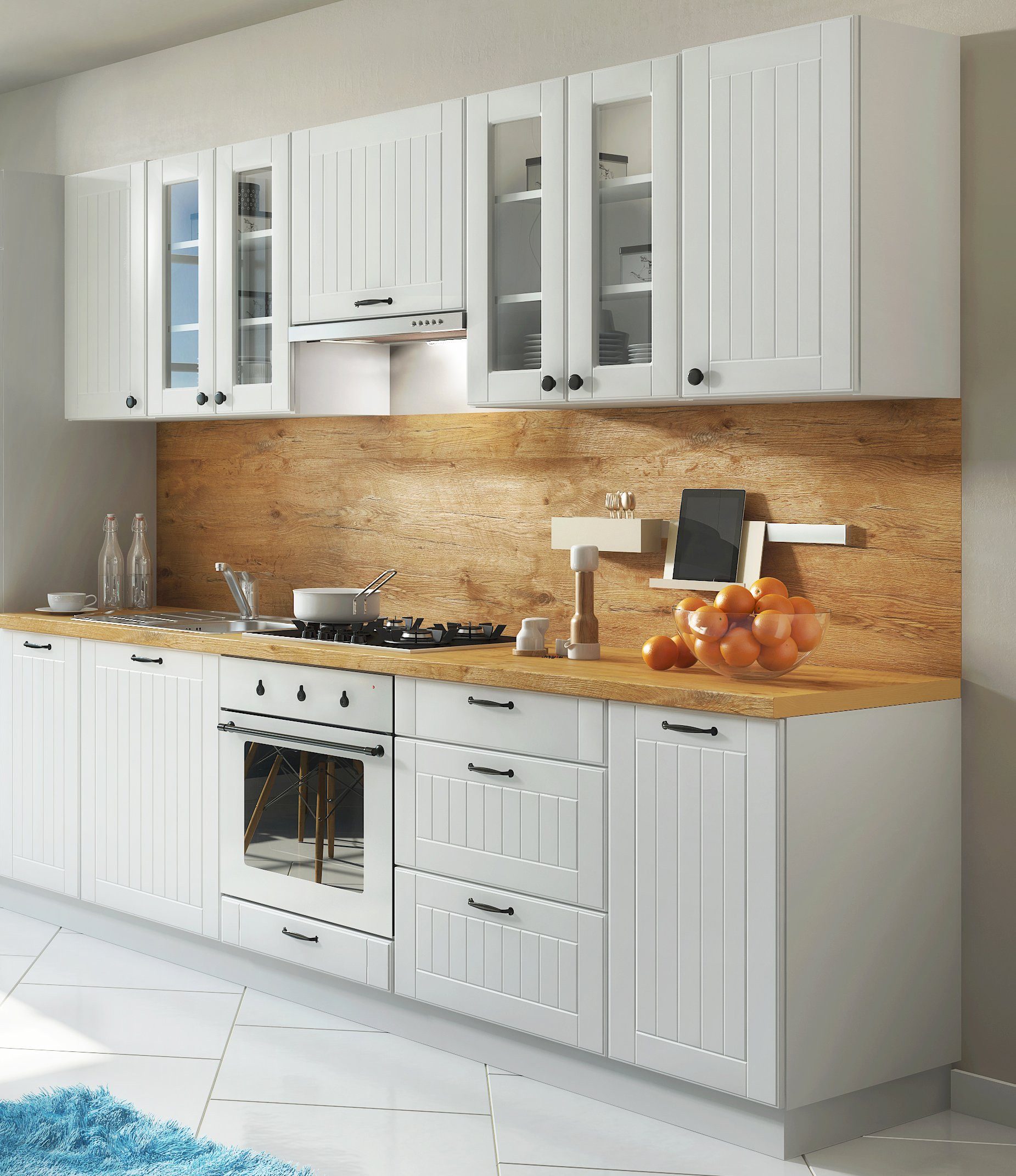 Möbel für Dich Кухниzeile Landhaus Einbauküche LORA 260 cm im Landhausstil 10-teilig, Fronten in weiß, Beige oder Grau