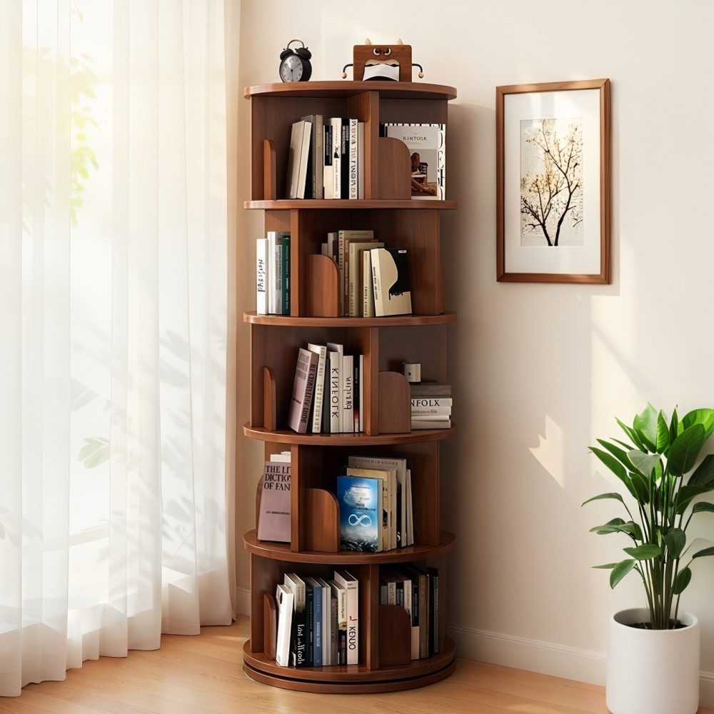 BBG Bücherturm Drehbares Bücherregal mit 5 Ebenen, 360° Drehfunktion, platzsparendes Standregal aus MDF, Bücherregal-Turm
