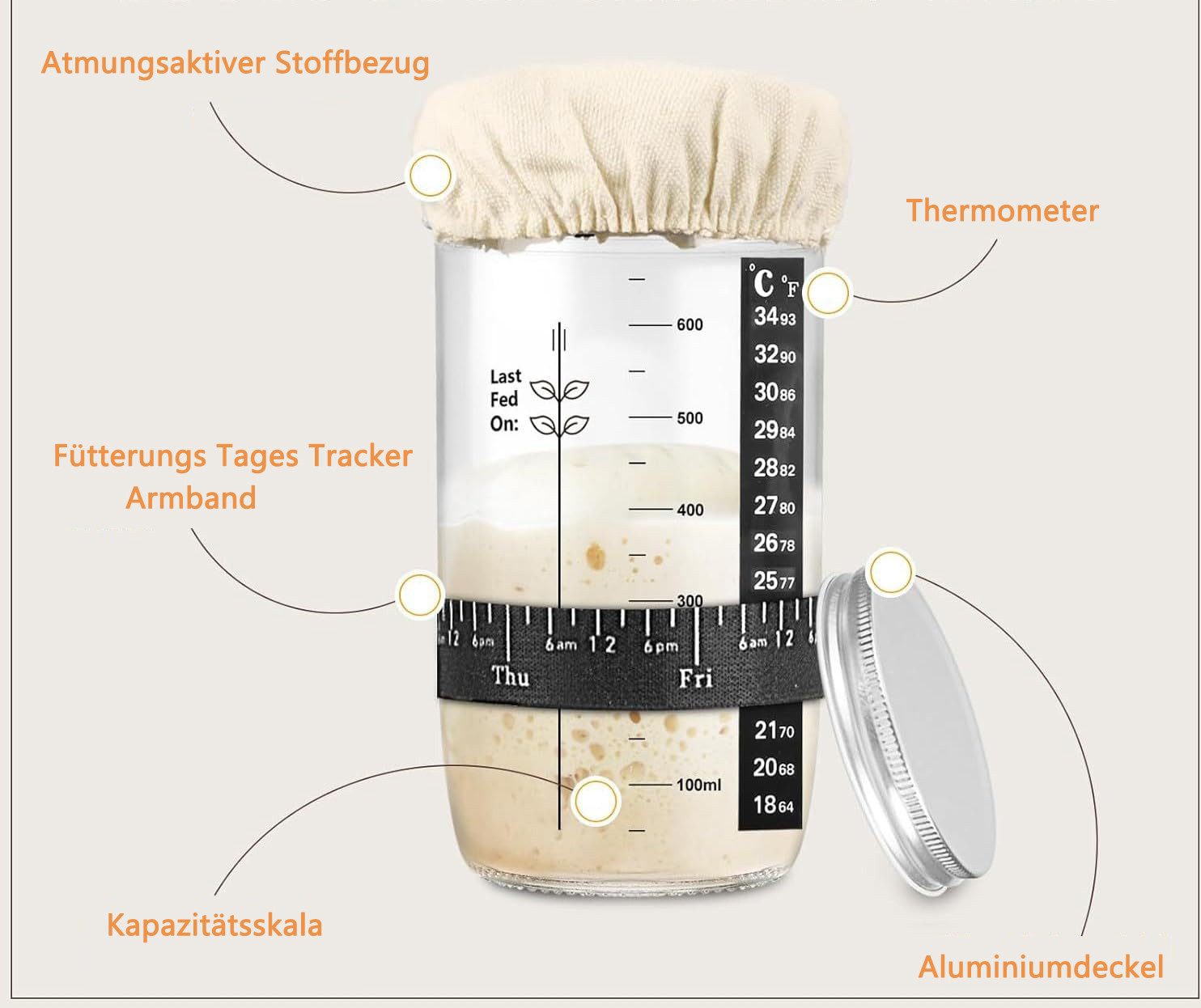 FOUORTUNATE-BEE Fermentationsglas Sauerteig Starter Set aus Glas 680ml, (Glas-Sauerteig-Starter-Kit mit Dattel-Fütterungsband, Thermometer, Deckel, Silikonspatel, wiederverwendbares), Sauerteig-Brot-Backzubehör