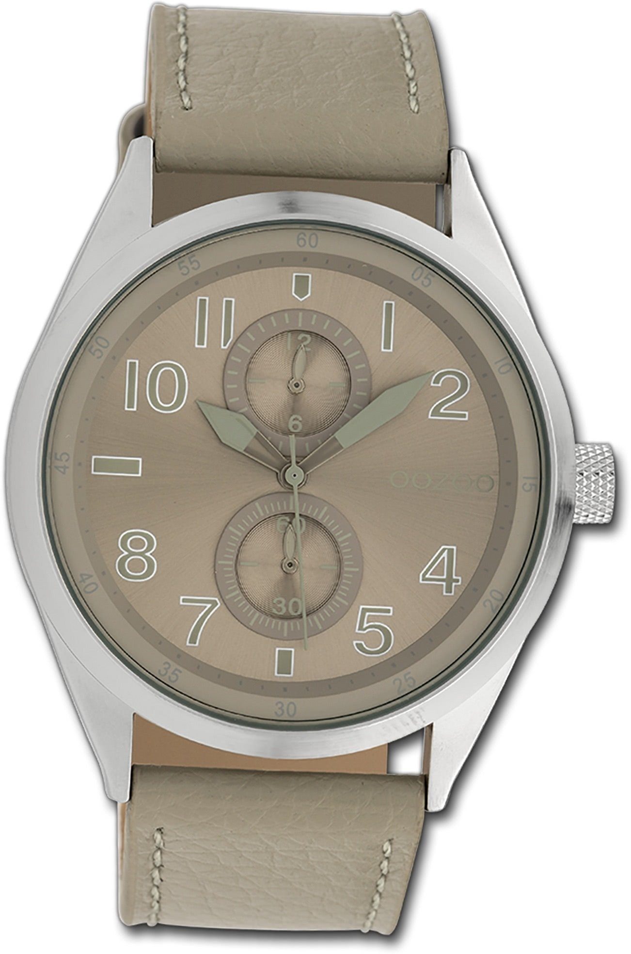 OOZOO Quarzuhr Oozoo Herren Armbanduhr Timepieces, Herrenuhr Lederarmband hellgrau, rundes Gehäuse, groß (ca. 42mm)