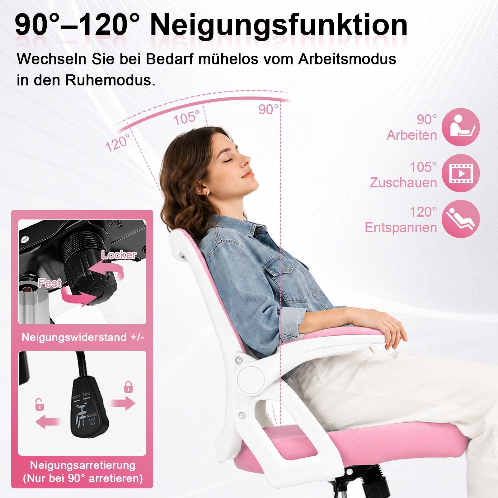 Milacyee Bürostuhl Ergonomischer Bürostuhl mit 90° klappbaren, gepolsterten Armlehnen (Höhenverstellbarer Atmungsaktiv Chefsessel mit geräuscharmen Rollen,Drehs – Bild 3 von 5