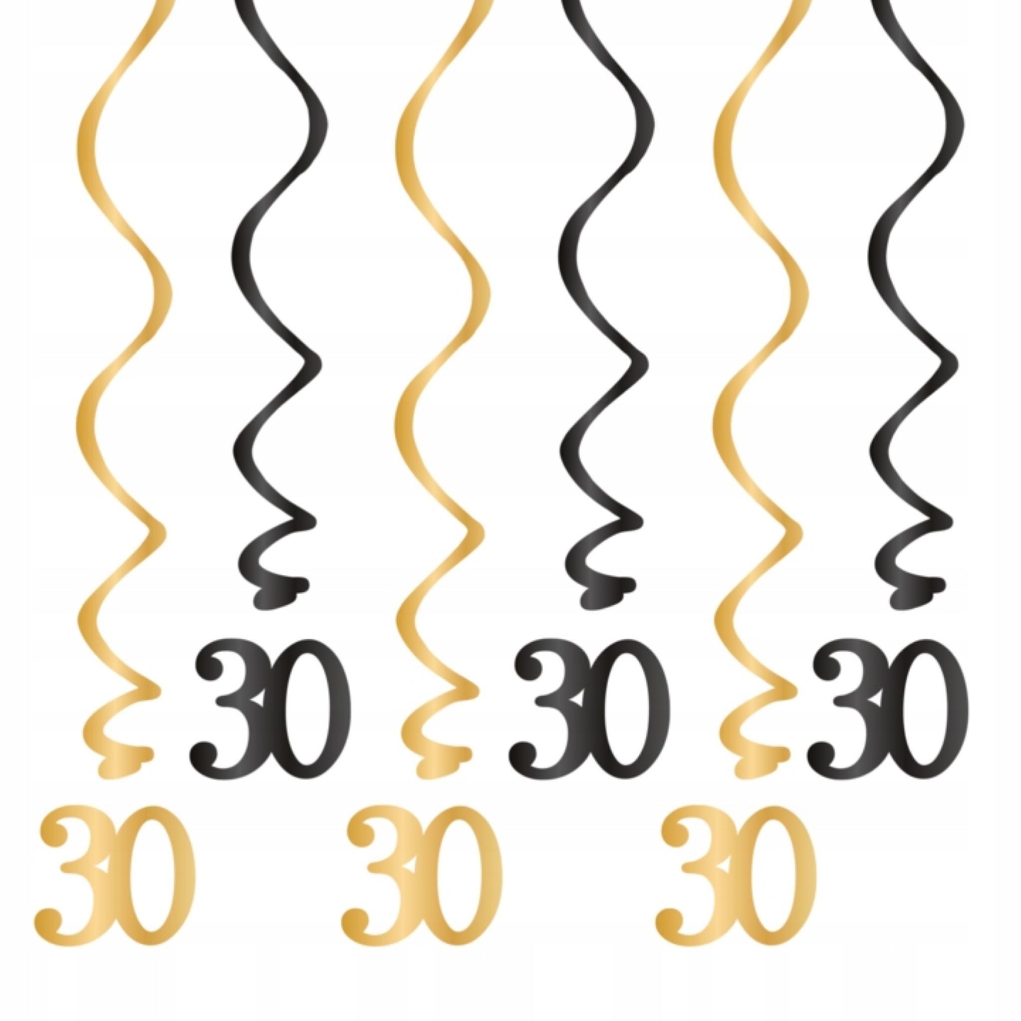 Festivalartikel Papierdekoration Geburtstag Spiral Girlanden 30 Jahre, Schwarz-Gold, 85 cm, 6 Stk.